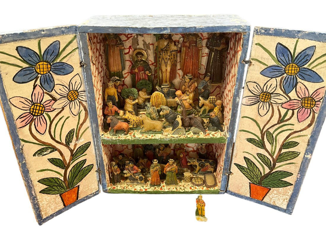 Eleudora Jimenez Family Folk Art Diorama Village: Some chips and small losses. Hands of figures, etc. One loose piece. Still very solid and intact. See photos. Closed box measures 14 inches tall x 10.5 inches wide x 4 inches deep