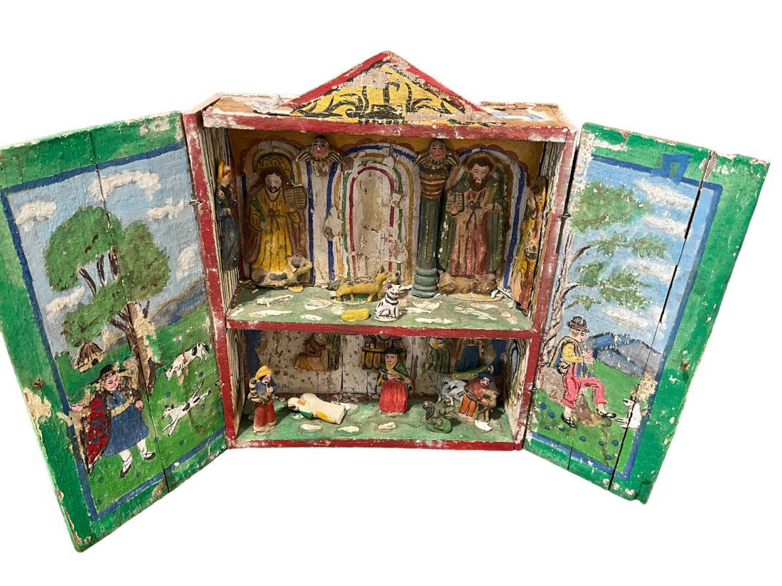 Eleudora Jimenez Family Folk Art Diorama Village: Some chips and small losses. Most pieces have been removed. Needs repairs. See photos. Closed box measures 14 inches tall x 10.5 inches wide x 4 inches deep.