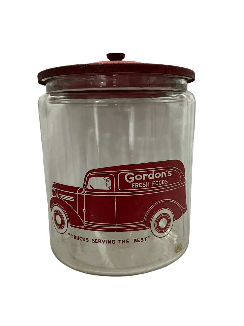 Large Gordon’s Fresh Food Jar With Original Lid: Good condition. 12 inches tall x 8.75 across lip.