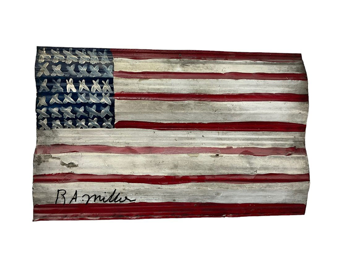 R.A. Miller Signed American Flag Folk Art Painting On Metal (1 of 2)