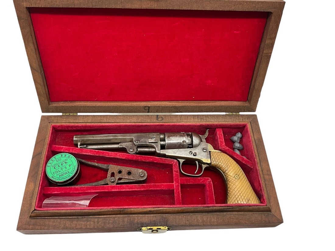 Sam Colt Model 1849 Pocket Revolver + Wood Case: 5 inch octagonal barrel. Serial # 38804.“Colts Patent” on side. “Address Sam L Colt New York” stamped on top of barrel. Hammer pulls back and releases. Serial Numbers match.Selling thi