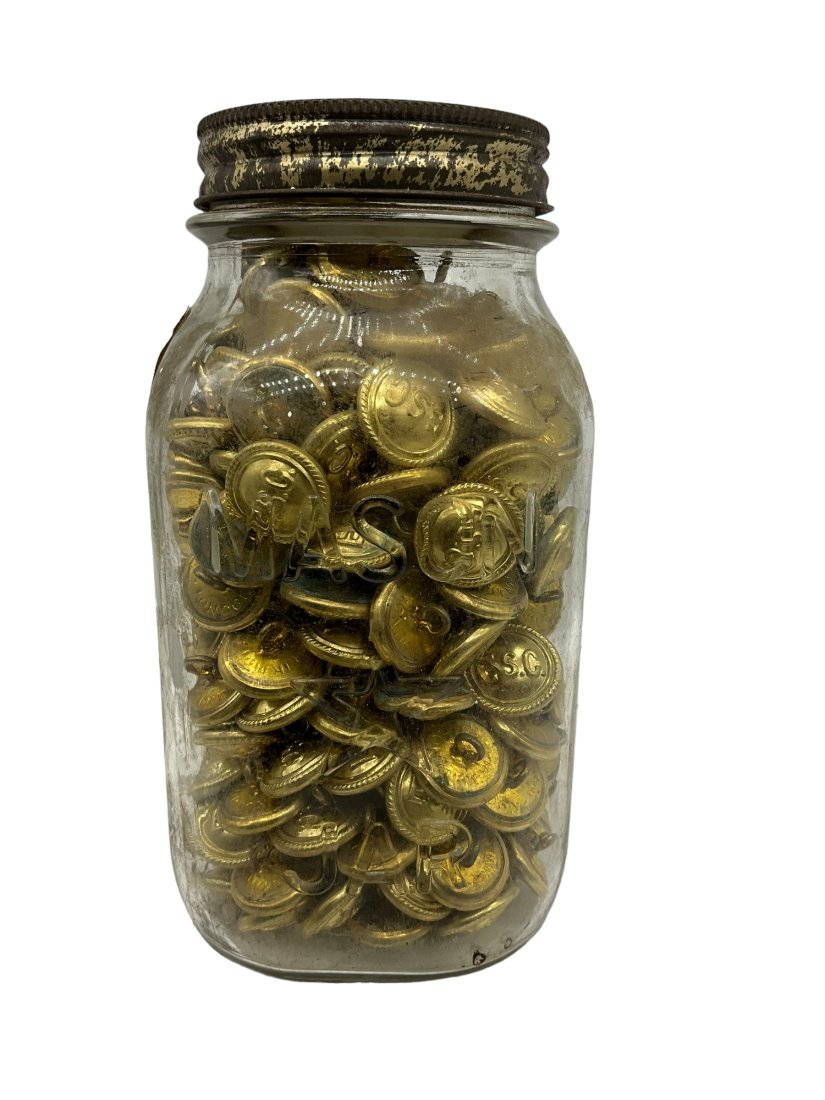 Large Lot of Firmin House Buttons: Mason jar full. Marked 'Firmin London' on back. Front has the initials E.S.C.Buying all of one money!