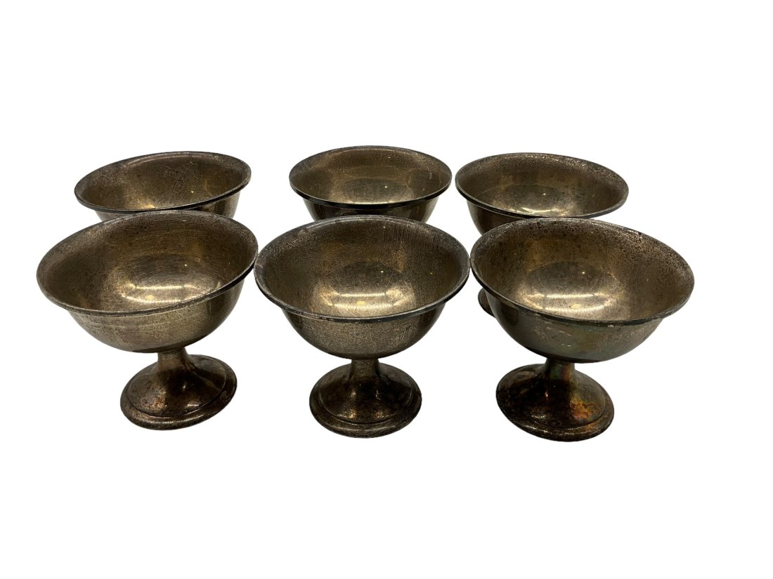 Six Sterling Silver Desert Bowls - 365 Grams: All need a good cleaning and are Monogrammed. 365 grams sterling. 3.25 inches tall. Mouth of bowl is 3.75 inches across.