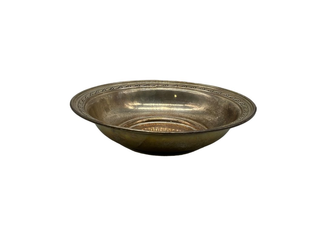 Sterling Silver Serving Bowl: Needs a good cleaning. 229 grams total weight. 9 inches wide. Monogrammed inside bowl.