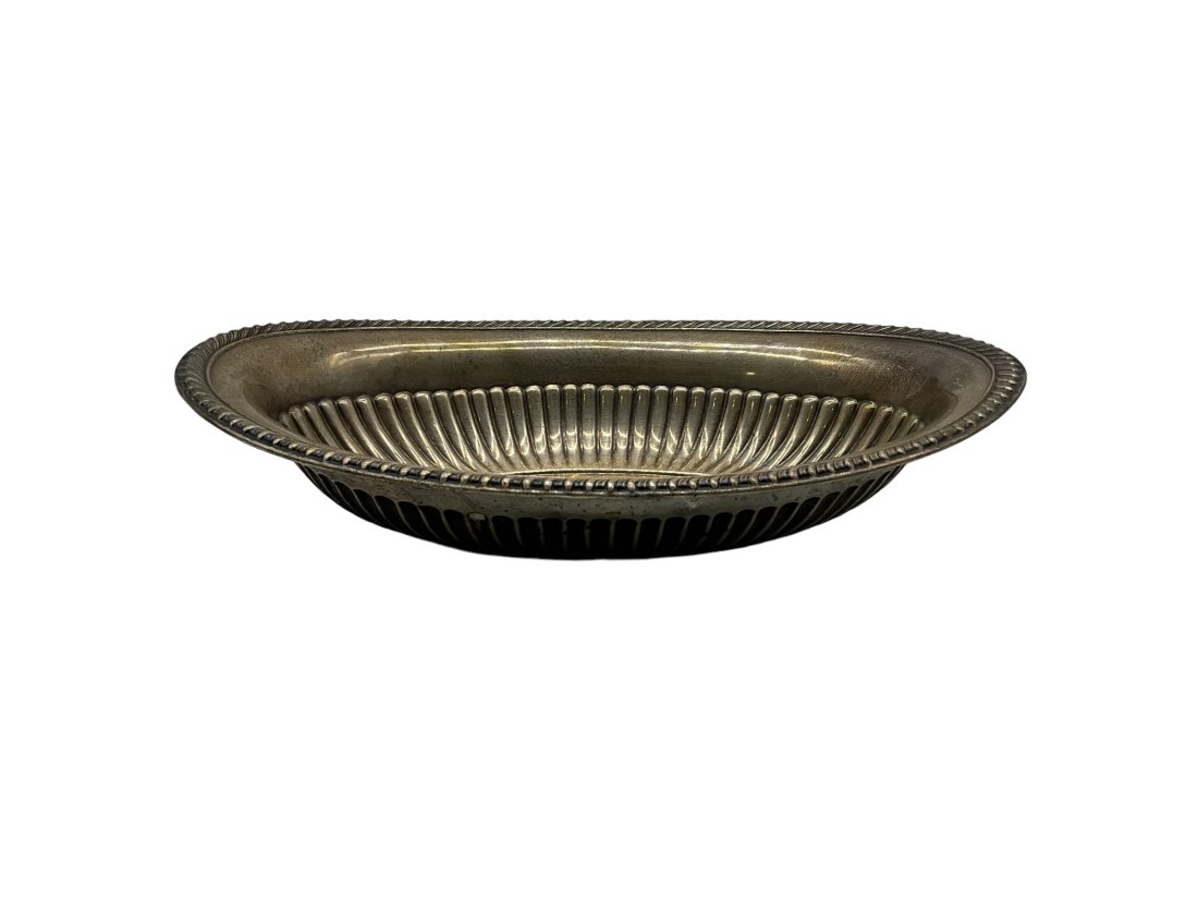 Oblong Sterling Silver Serving Bowl: Needs a good cleaning. 270 grams total weight. 11.25 inches wide. Monogrammed inside bowl.