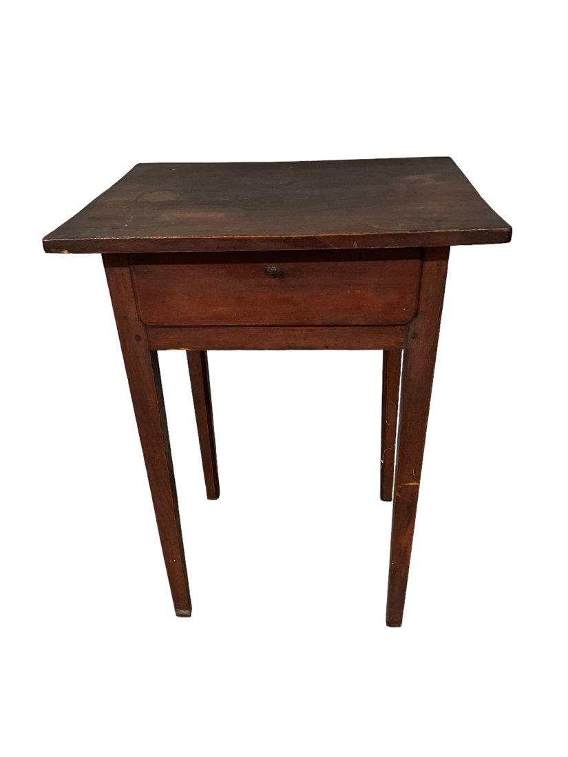 Antique Mahogany Single Drawer Tapered Leg Hand Made Pegged Table: Used condition with signs of age and wear. Pegged tapered legs with flat head screws to secure top.Measures 20 inches wide x 16.25 inches deep x 26.5 inches tall.