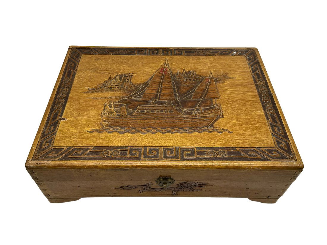 Large Wood Ship Carving Lid Keepsake Box (1 of 7)