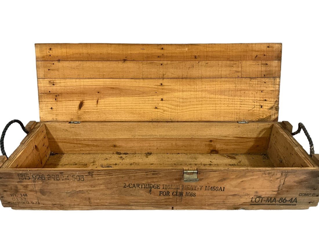 105mm Ammo Crate for M68: Great wooden ammo crate. Side reads '2-Cartridge 105MM Heat-T M456A1 for Gun M68' Item in great condition. Measures 45.25 inches long.