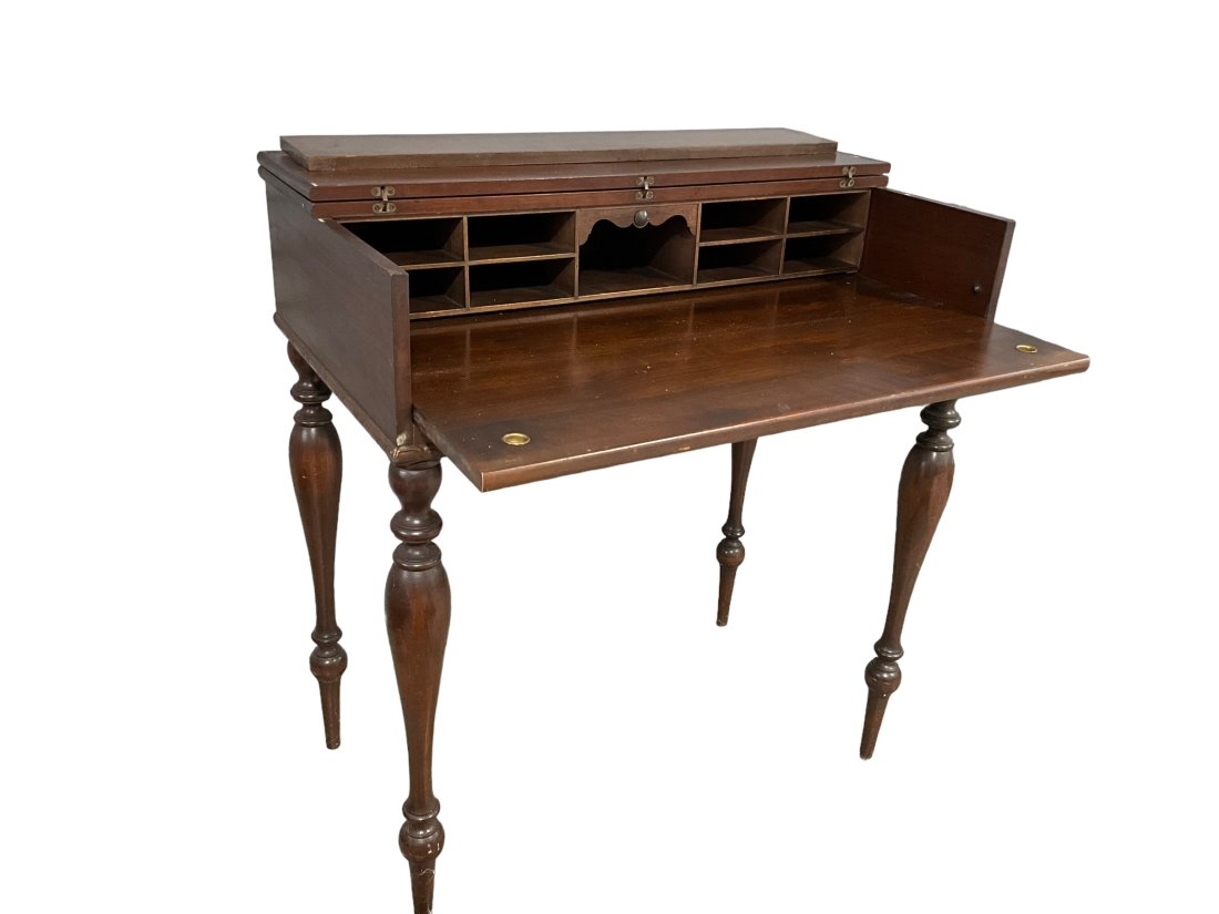 Antique Pull Out Desk / Writing Desk With Cubbies: Normal wear and a few scratches. Closed measurements 31 inches wide x 18 inches deep x 33 3/4 inches tall. Close up foldable top with slide out table. See photos.