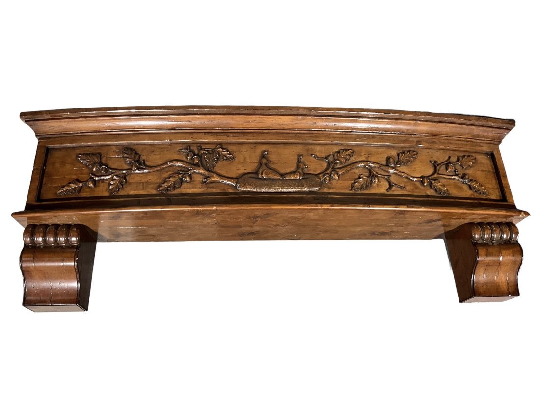 Huge Over 8 Foot Dianne DaVant Interior Design Carved Front Mantle: A huge at over 8 foot wide mantle designed by Dianne DaVant & Associates. A hollow open back to save on weight. Measures 102 inches wide x 17.5 inches deep x 24 inches tall. Looks like something was a
