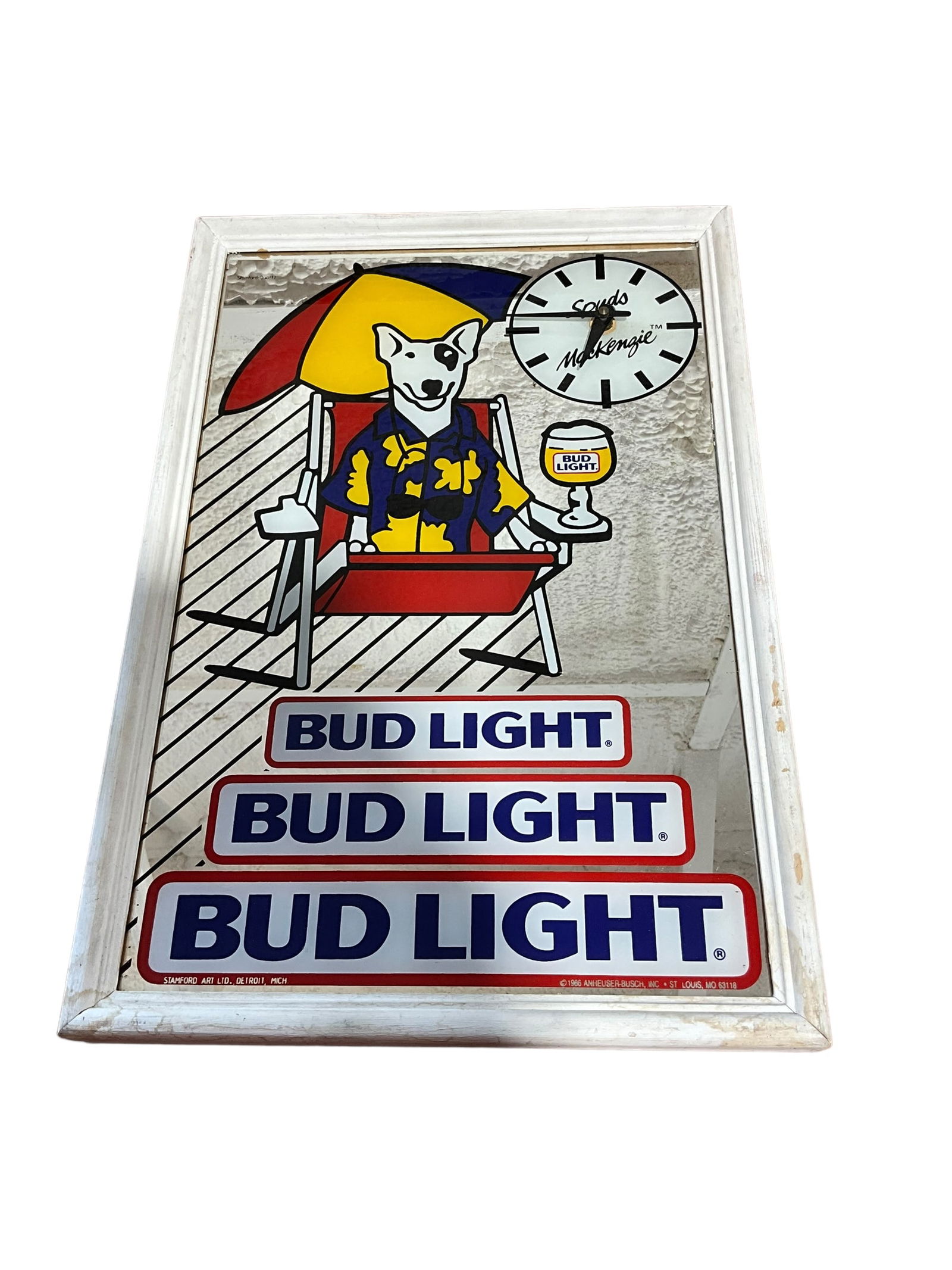 1986年　BudLight スパッズマッケンジー パブミラー　時計　看板　バー 1986年 BudLight スパッズマッケンジー パブミラー 時計 看板