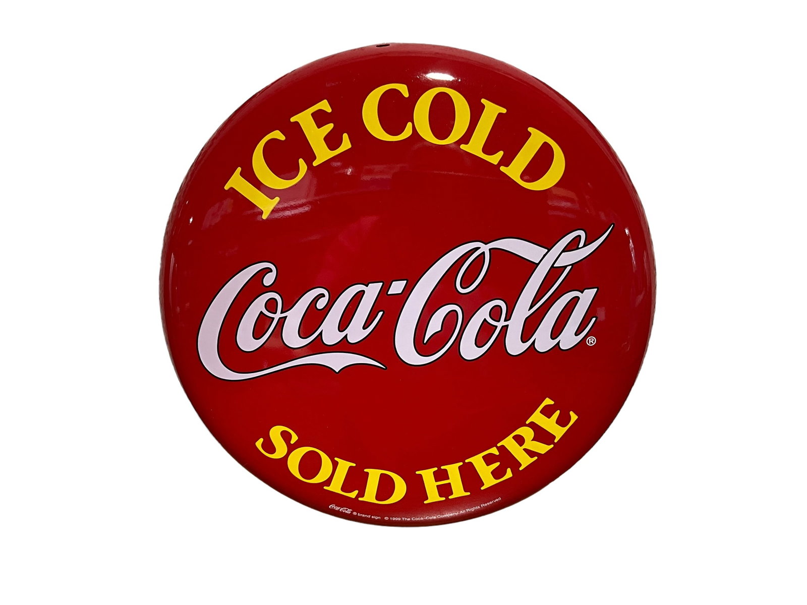 1999 Coca Cola Button Sign: Item is in excellent condition. Diameter of 12 inches.
