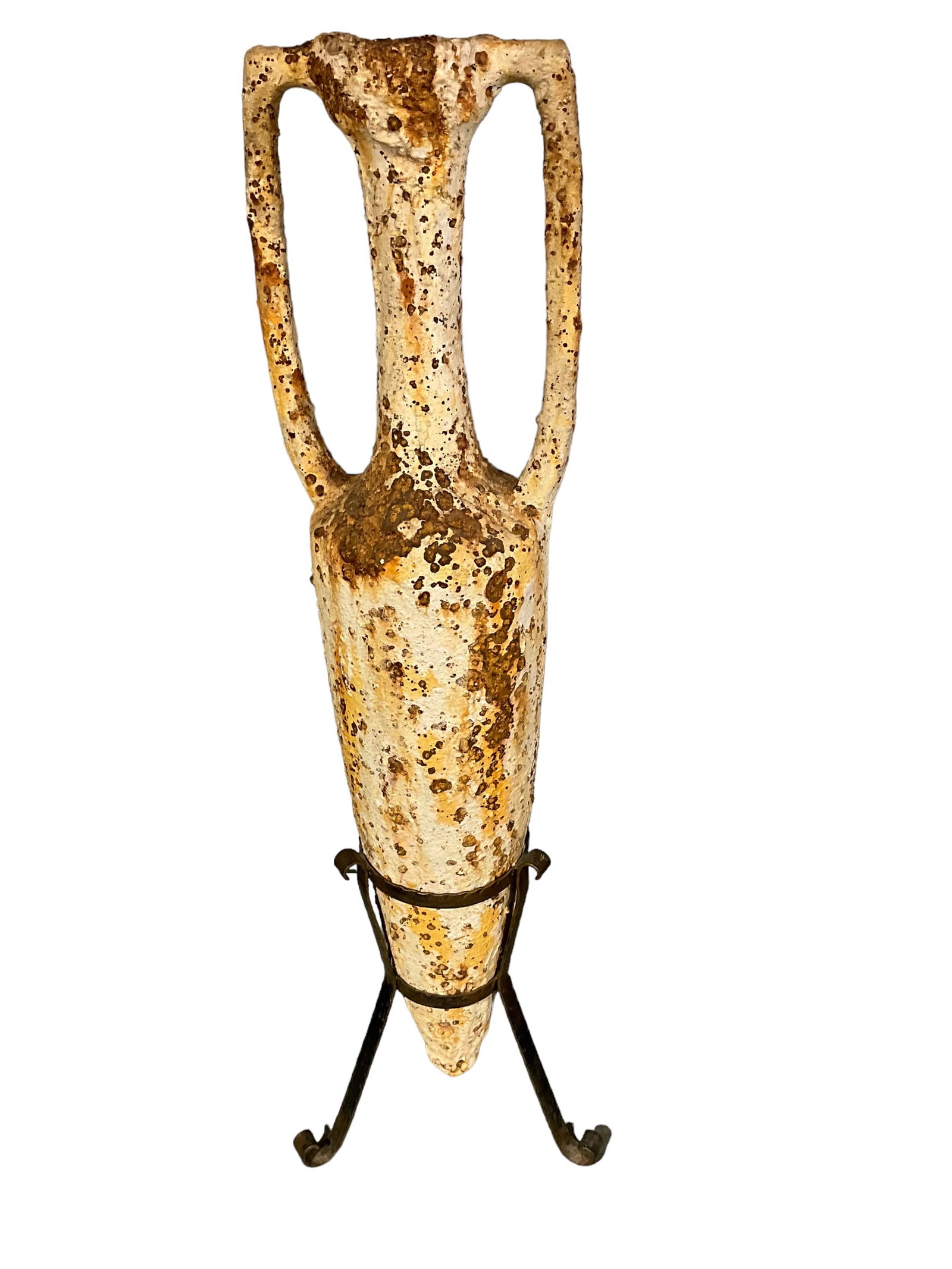 Ancient Roman Sea Salvage Amphora Ca. 1st - 2nd A.D.: Ancient Roman Sea Salvage Amphora circa 1st - 2nd century A.D. with metal base. Possibly used to transport wine. Size including metal base is 45 inches tall. Size of terracotta vessel by itself is app