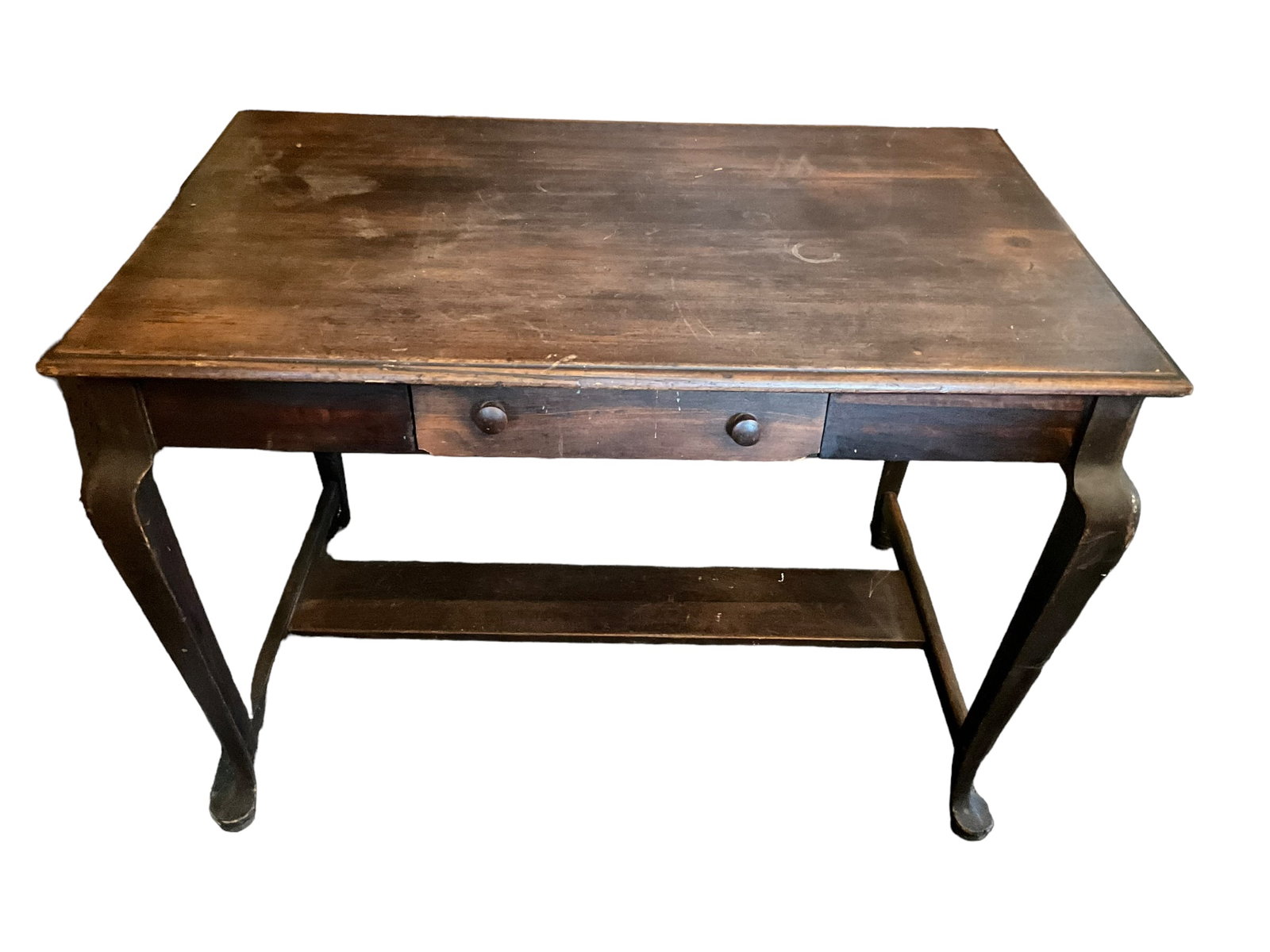 Vintage Library Table / Writing Desk: Sturdy Used Condition. Front drawer is a intact dummy drawer.Measures 59 inches wide x 26 inches deep x 30 inches tall.
