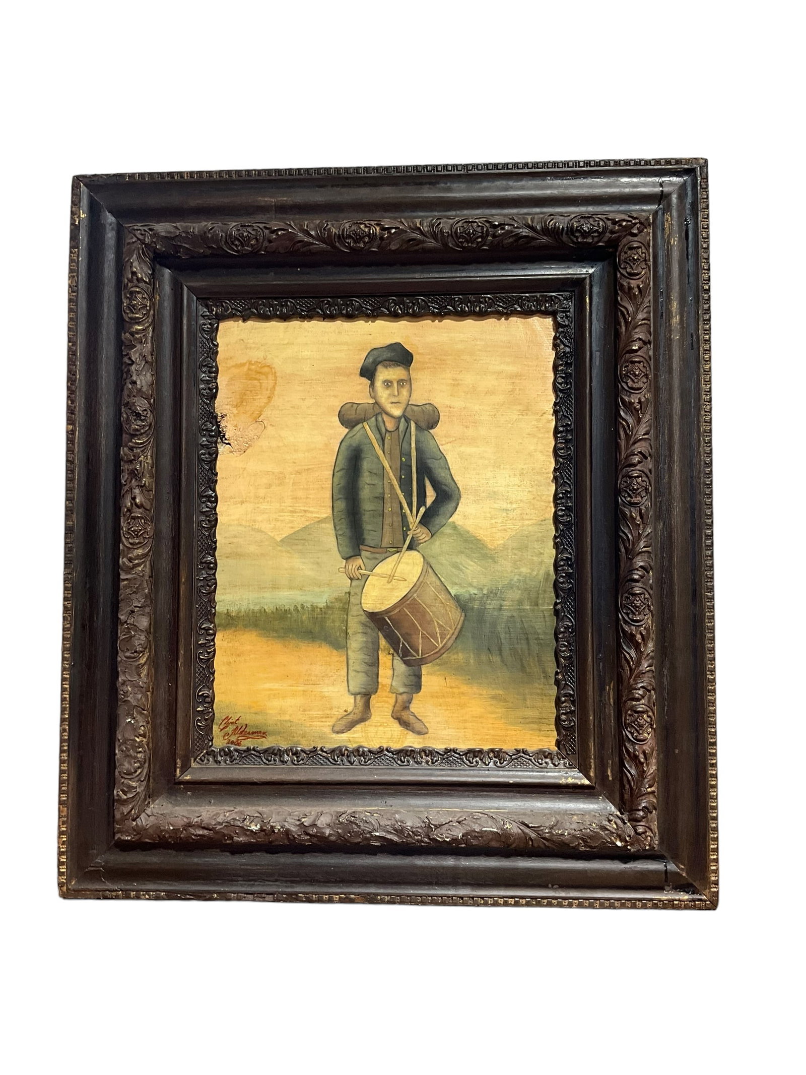 Large Clint Alderman Civil War Soldier Painting 2006: Painting on wood with awesome frame. Top left looks like damage, but its just a knot in the wood. Total measurements 32 inches tall x 28.5 inches wide.Signed and dated 2006.