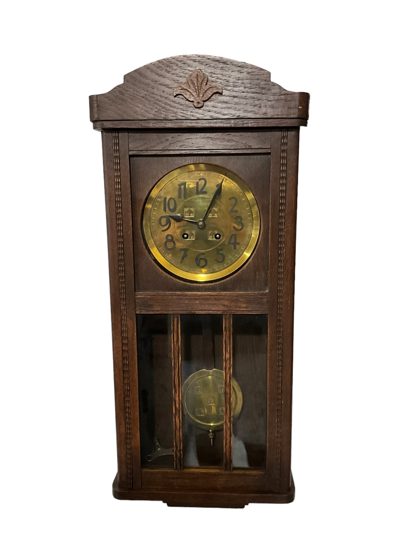 Antique Lucca Wall Clock: DRGM on back. Measures 30 inches by 11.25 inches. Original pendulum and key. Item untested. Buying as is.