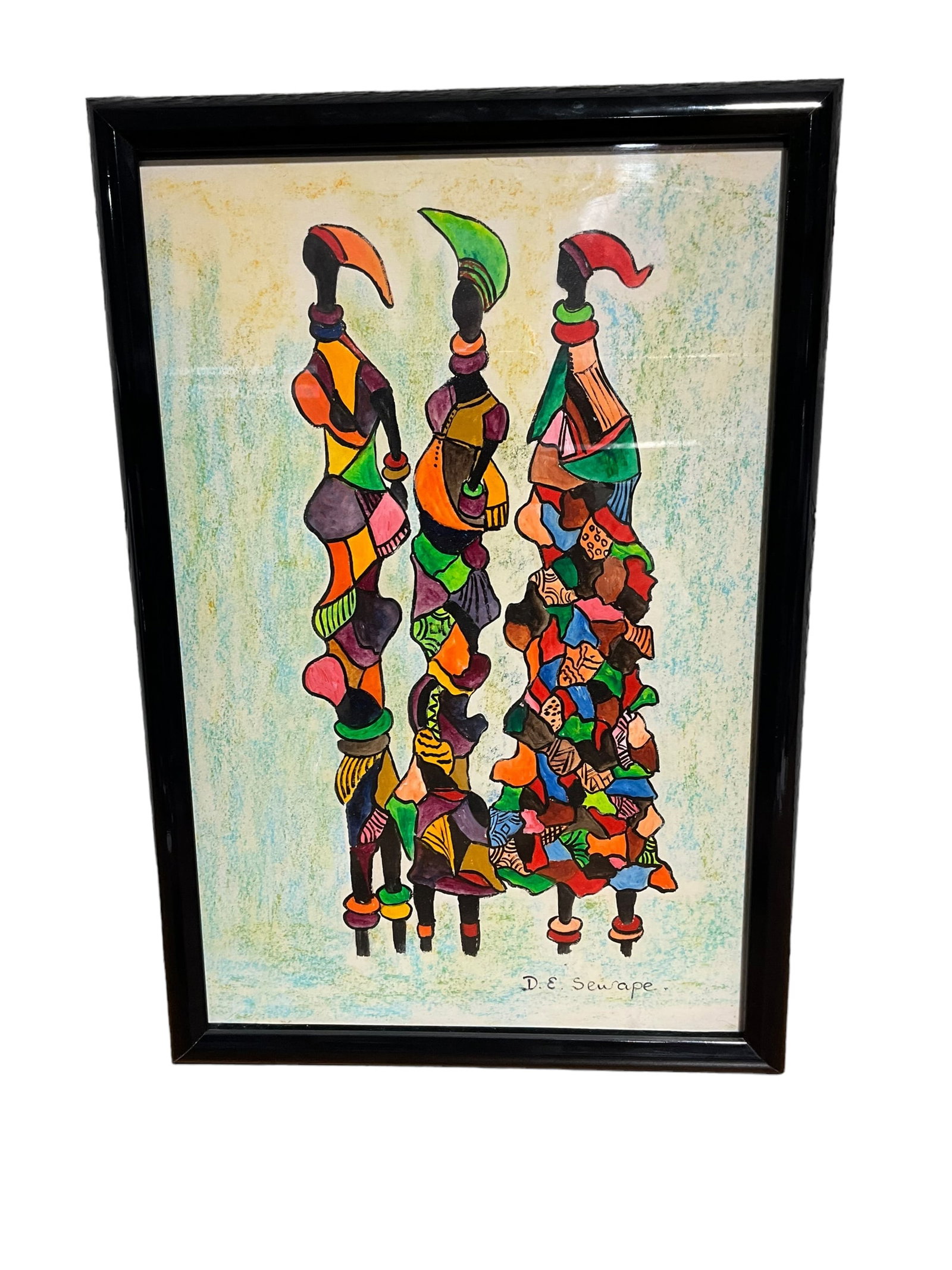 Original African Art by D.E. Sewape: Signed and framed. Measures 19 inches by 13 inches.