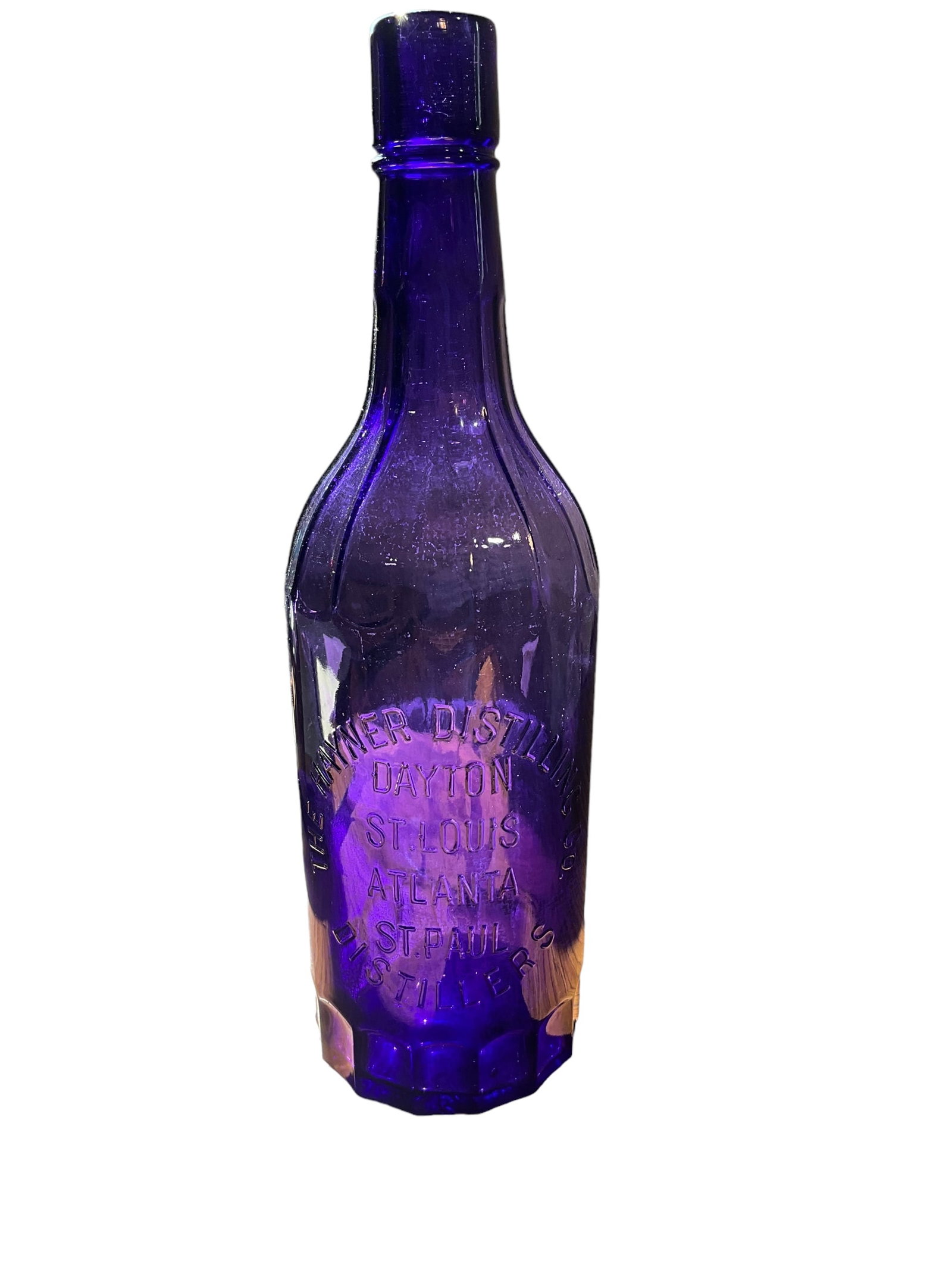 Hayner Distillers Fluted Shoulder Cobalt Whiskey Bottle: Great condition. 12 inches tall.