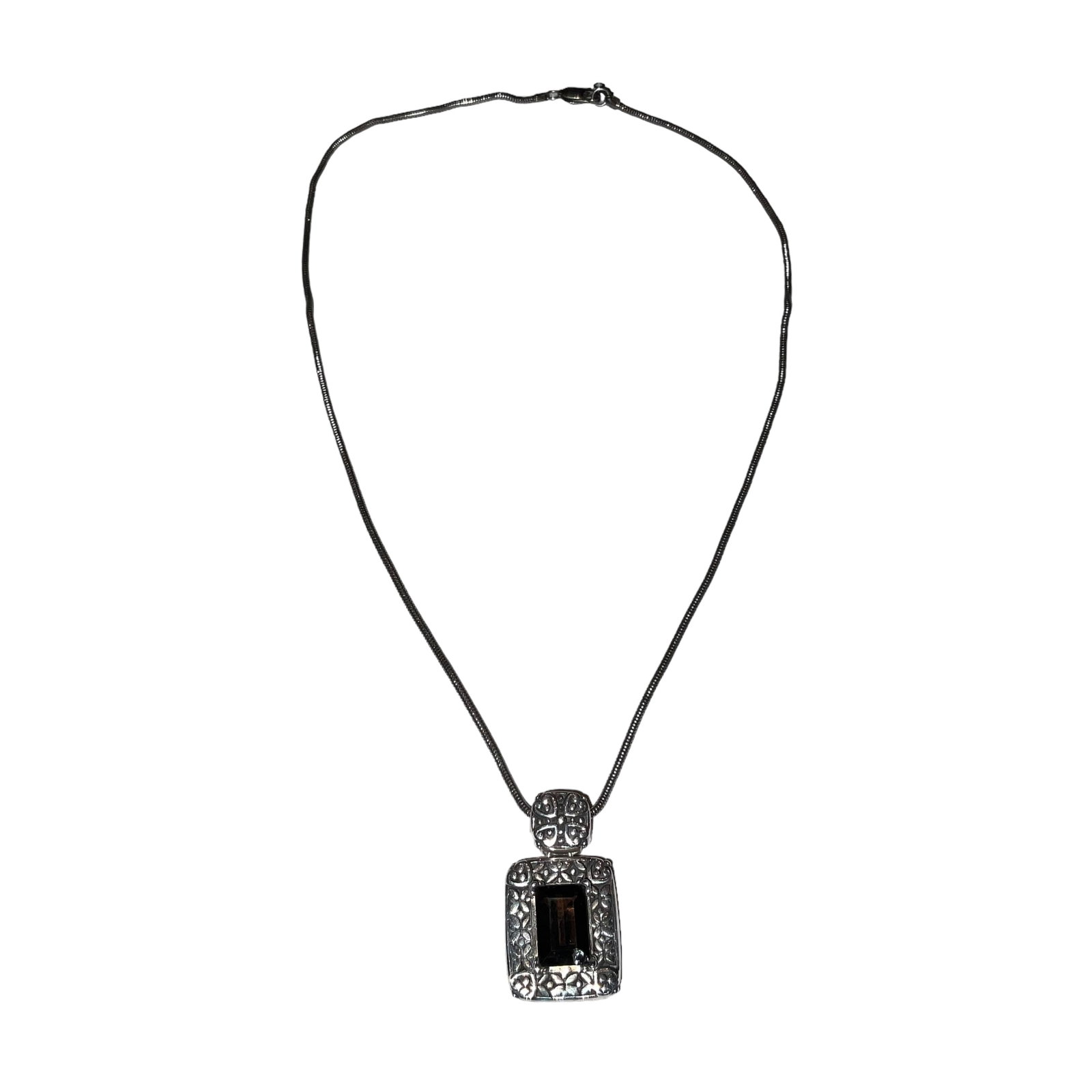 Sterling Silver Necklace with Onyx Charm: Excellent condition. Rope chain marked '925'. Charm marked '925 CNA Indonesia'. Necklace measures 18 inches long. Charm is 1 inch by 0.5 inch. Total weight: 18.7 grams.