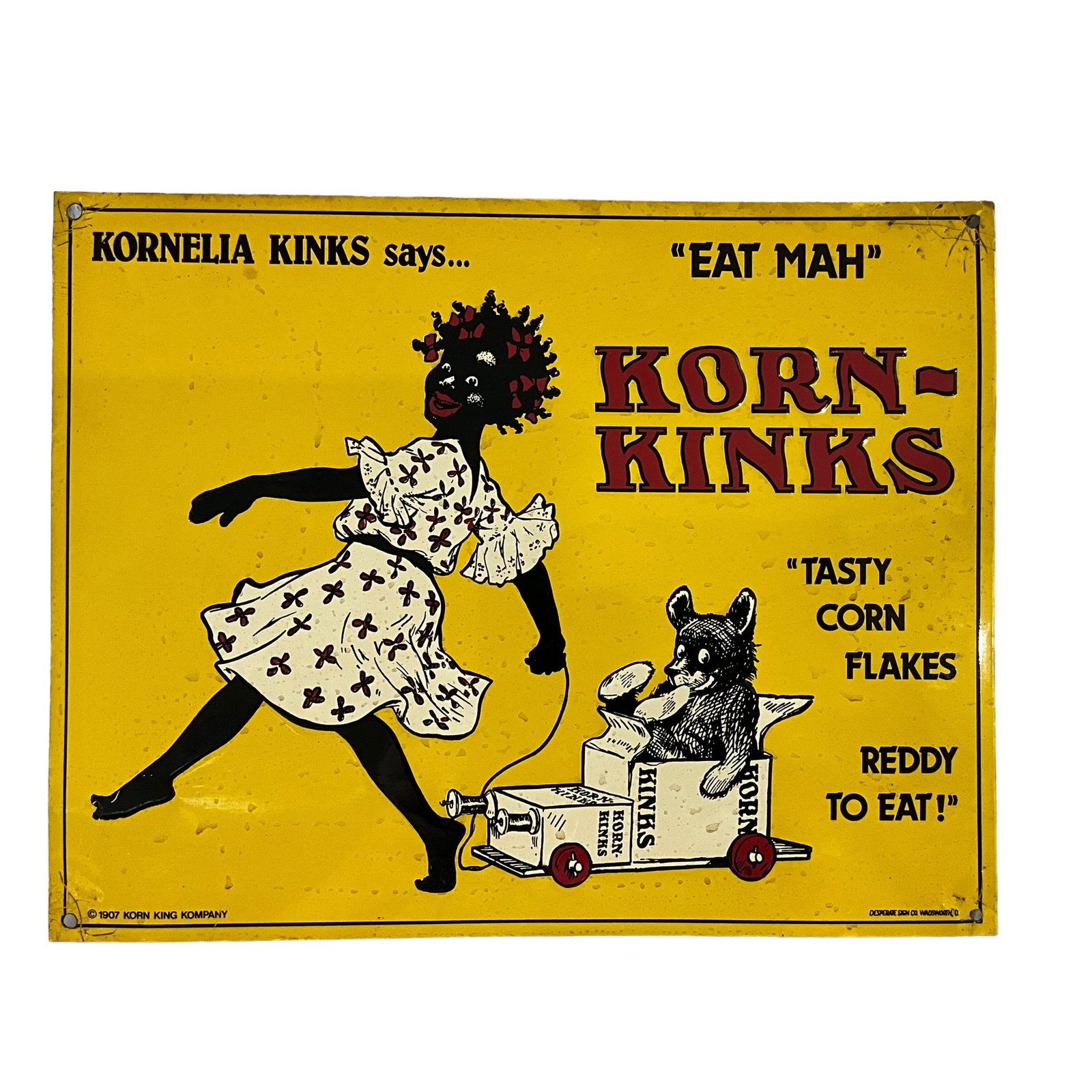 Black Americana KORN KINKS Metal Embossed Advertising Sign: Good condition. 11.5 x 9 inches.Desperate Sign Co markings in lower right corner. Age unknown.