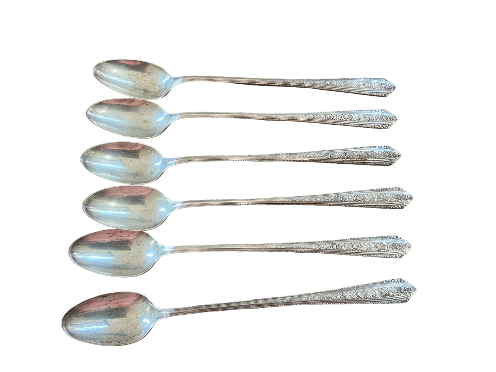 Lot Of 6 Normandie by Wallace Sterling Silver Iced Tea Spoons 7 1/2” (1 of 2)