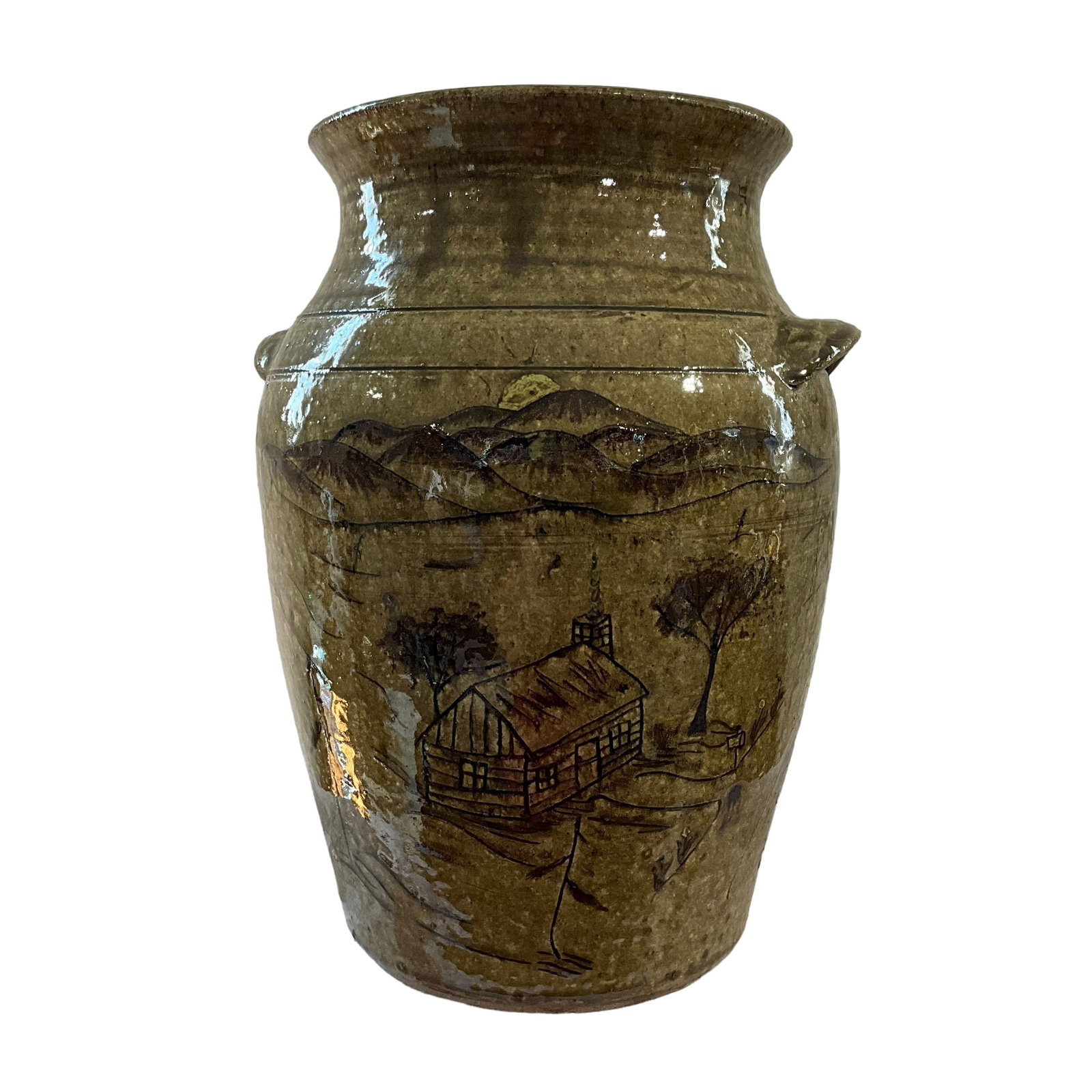 David Meaders Farmhouse Scene Double Handle Pot: Mint condition. Measures 10 inches tall.