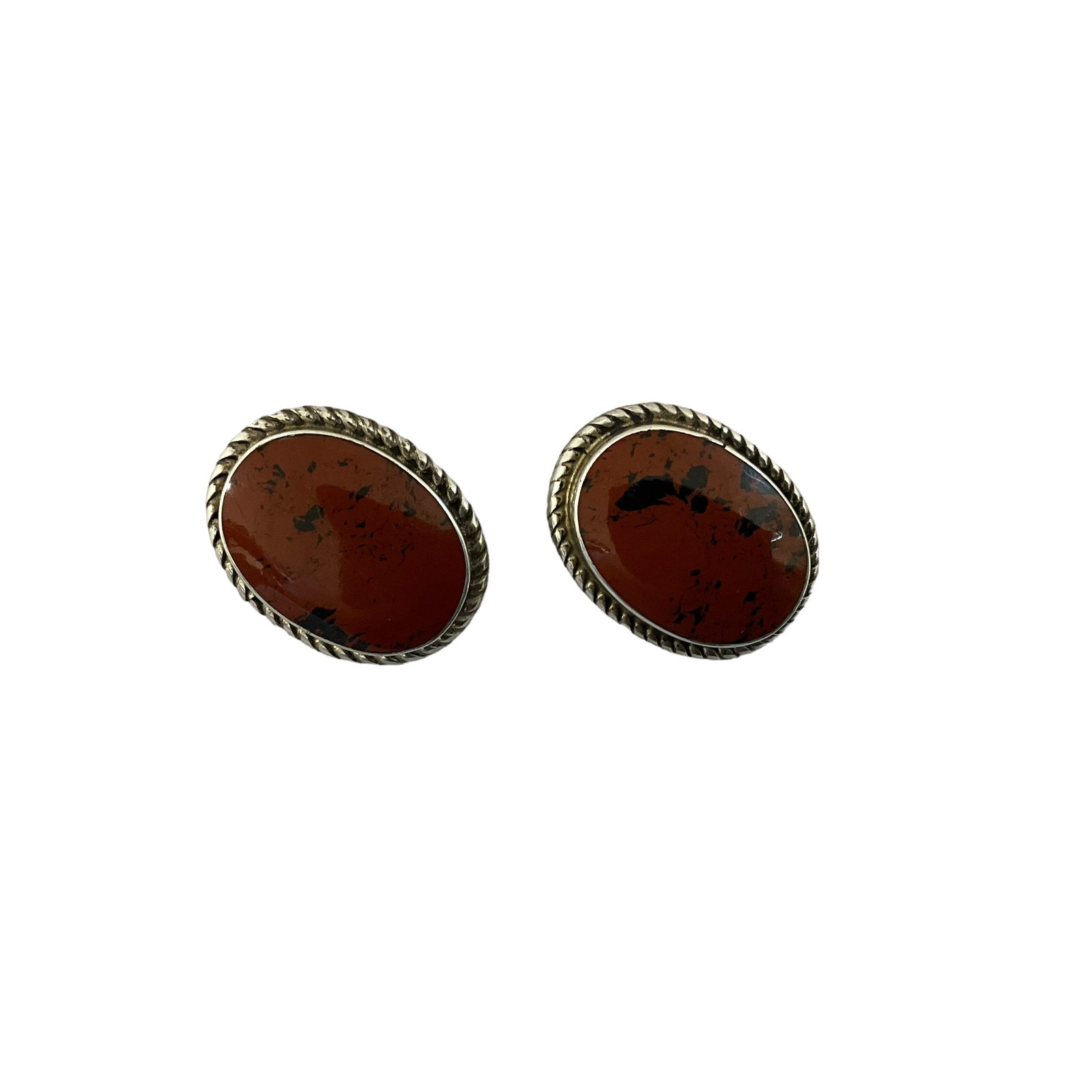 Red Jasper Sterling Silver Clip On Earrings: Excellent condition. Total length: 1 inch by 0.75 inch. Signed 'Mexico 925 ATI' on back of each. Total weight: 18.7 grams.