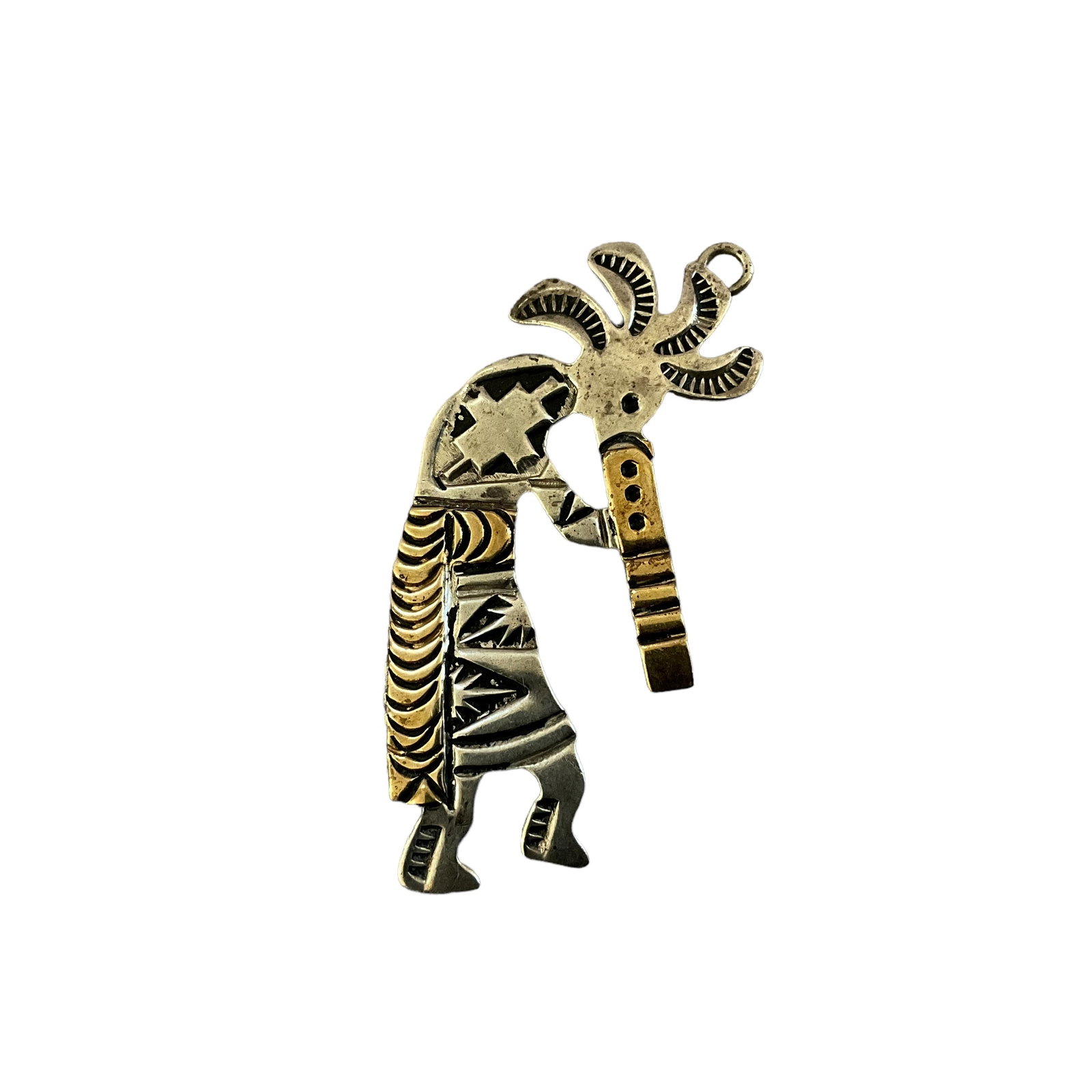 Navajo Sterling Silver 14K Gold Kokopelli Pendant: Excellent condition. Artist: Ray Tafoya. Signed 'RT 14K Sterling'. Measures 2 inches. Total weight: 3.6 grams.