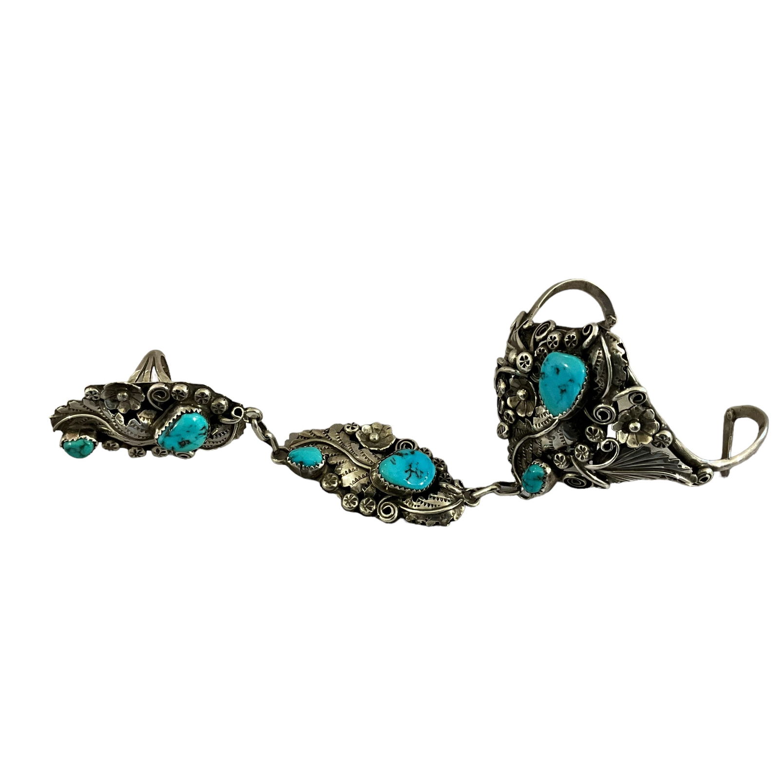 Vintage Navajo Signed Sterling Silver Turquoise Leaf Cuff Bracelet / Ring (1 of 7)