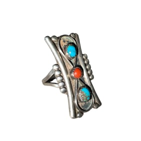 Native American Sterling Silver, Coral & Turquoise Ring
