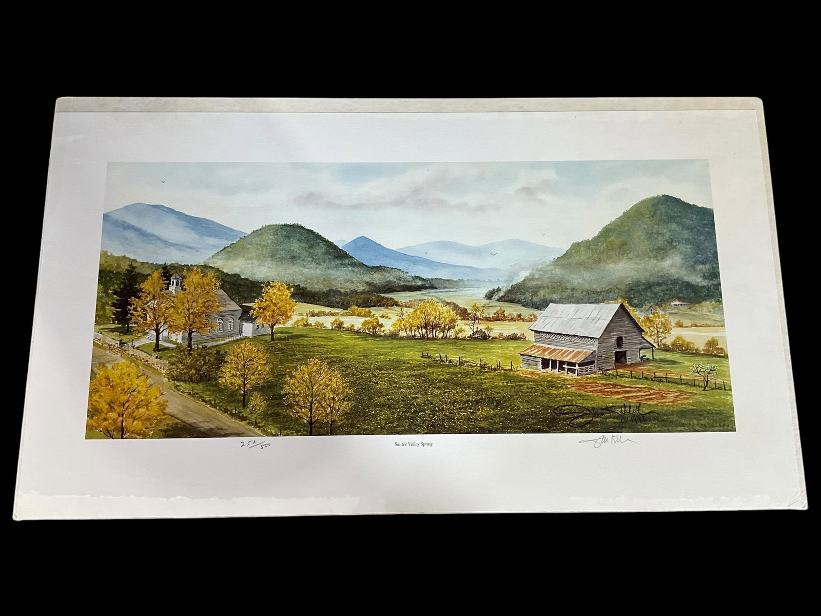 Sealed John Kollock Print / SAUTEE VALLEY SPRING: Print measures 26 X 14 1/2 inches. Signed and numbered 252/500. Mounted on board with original wrapping. Certificate attached to back. Still sealed and never opened.