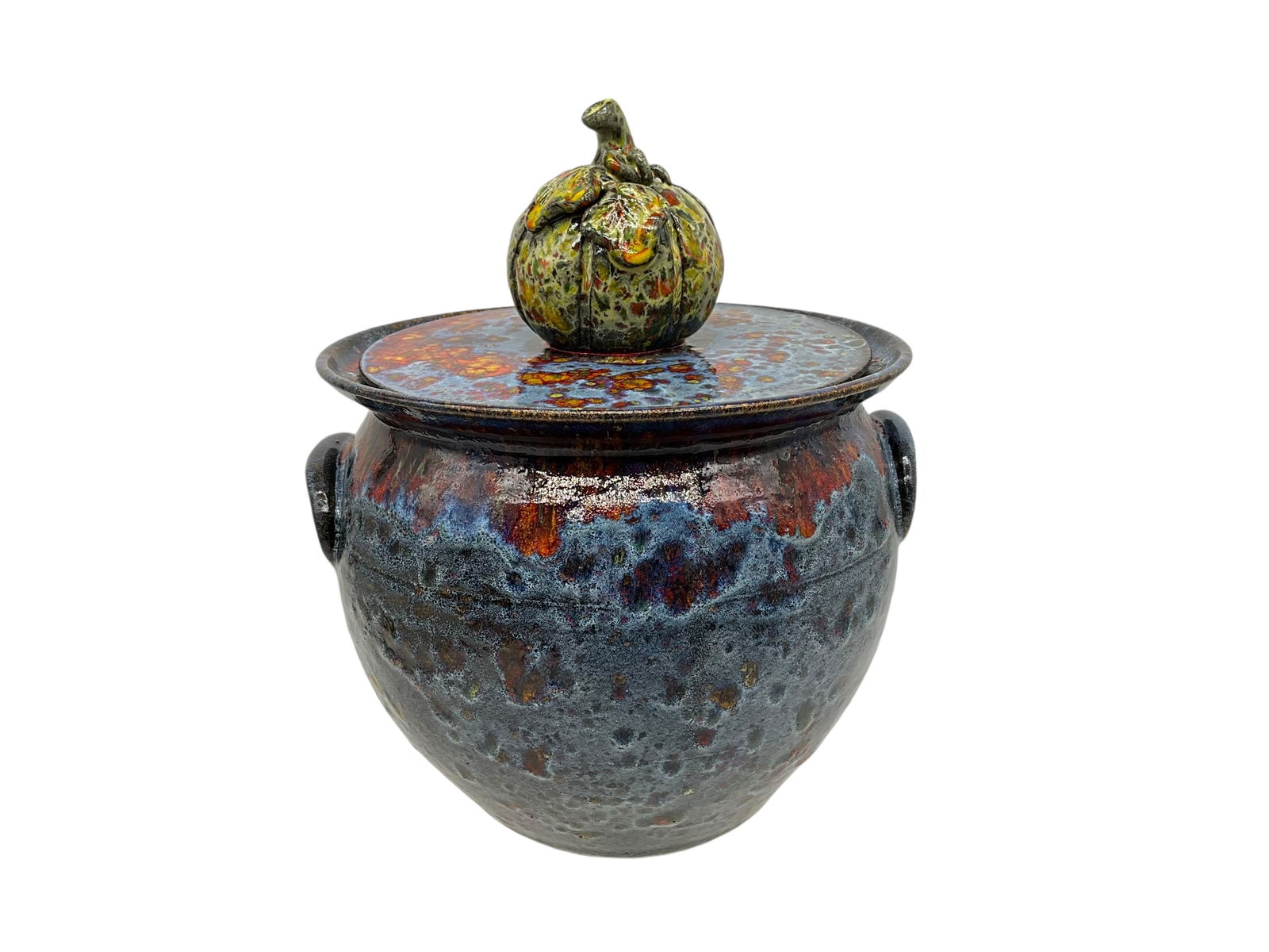 Roger Corn Candy Jar / Linda Corn Decoration: Mint condition. Signed and dated on bottom of jar and lid. Jar and lid made by Roger. Pumpkin ornament on top of lid made by Linda Corn. With lid on, jar stands 10 inches tall. Diameter of 8 inches.