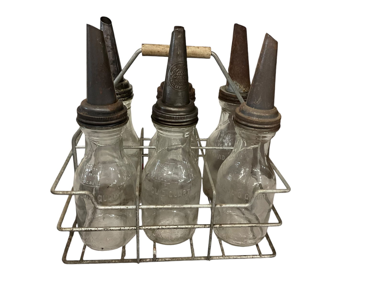 6 Vintage Glass Gas Station Service Oil Bottles + Rack & Spouts (1 of 4)