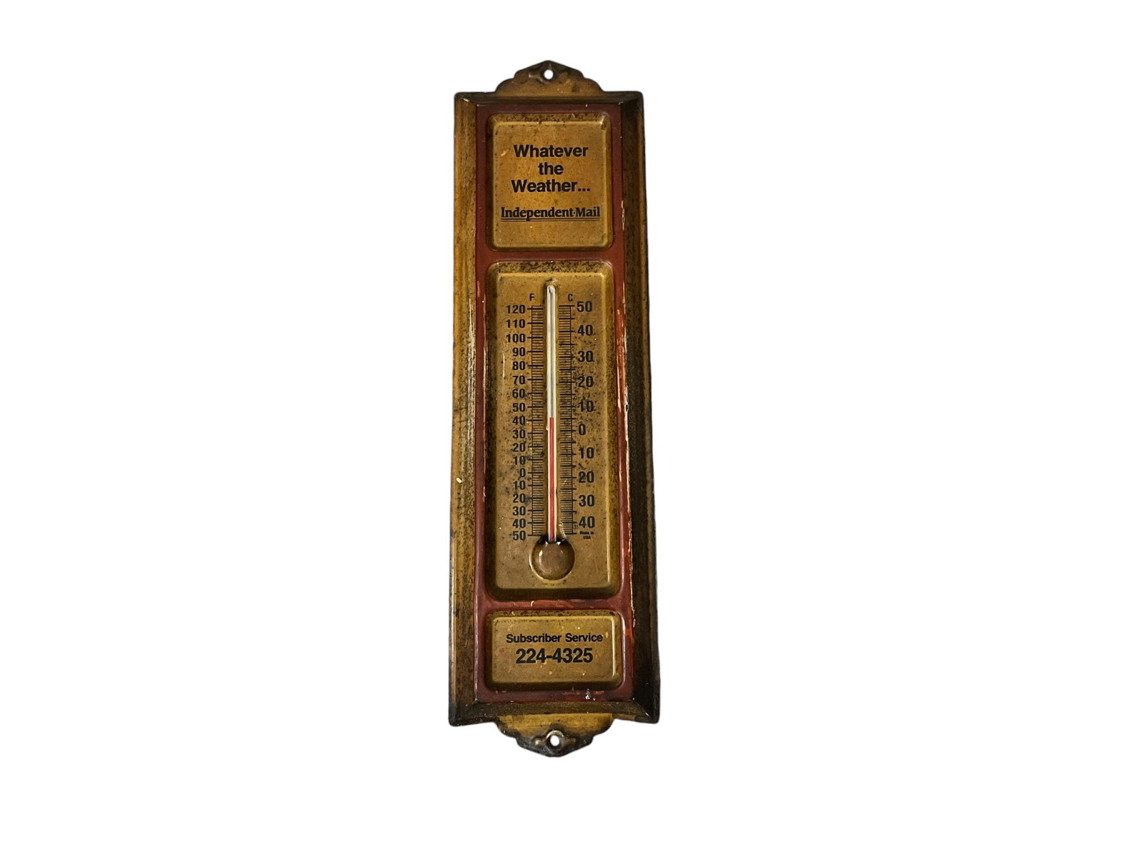 Vintage Metal Thermometer INDEPENDENT MAIL: Used condition. Functions as it should. 13 x 3 3/4 inches.