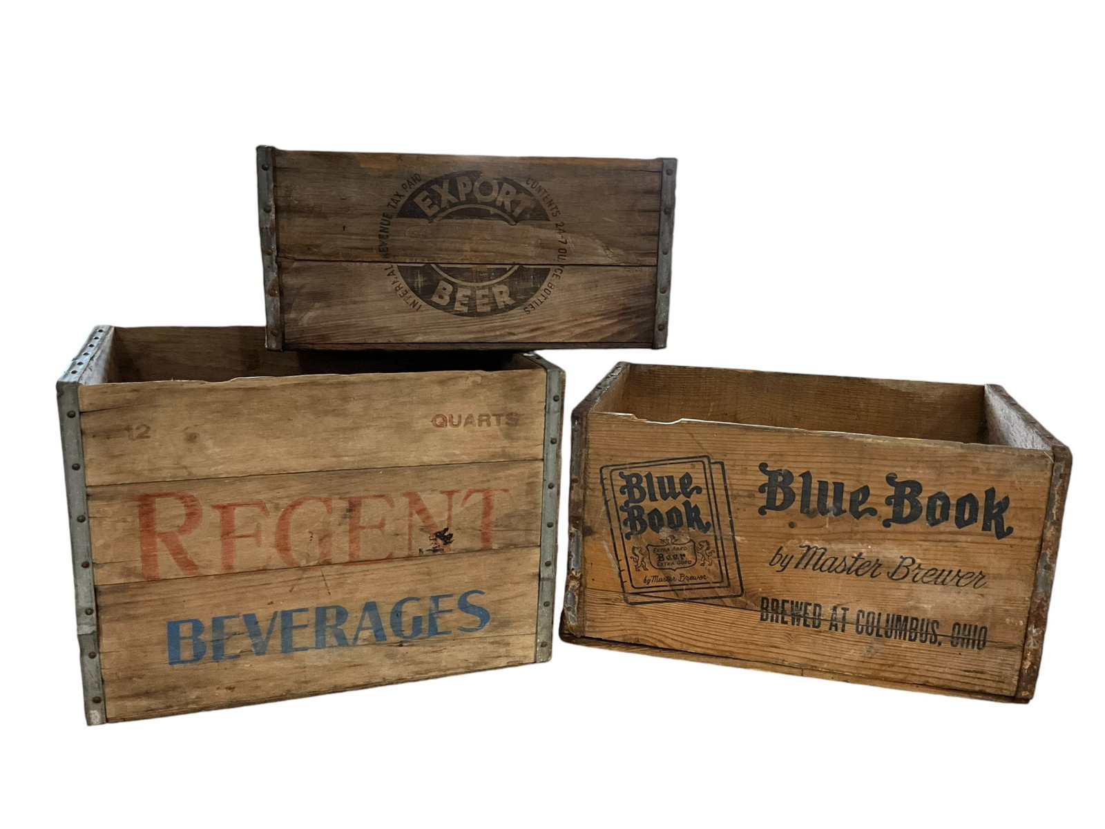 Lot Of 3 Wooden Beverage Crates Regent / Export Beer / Blue Book Beer: Used condition. See photos.