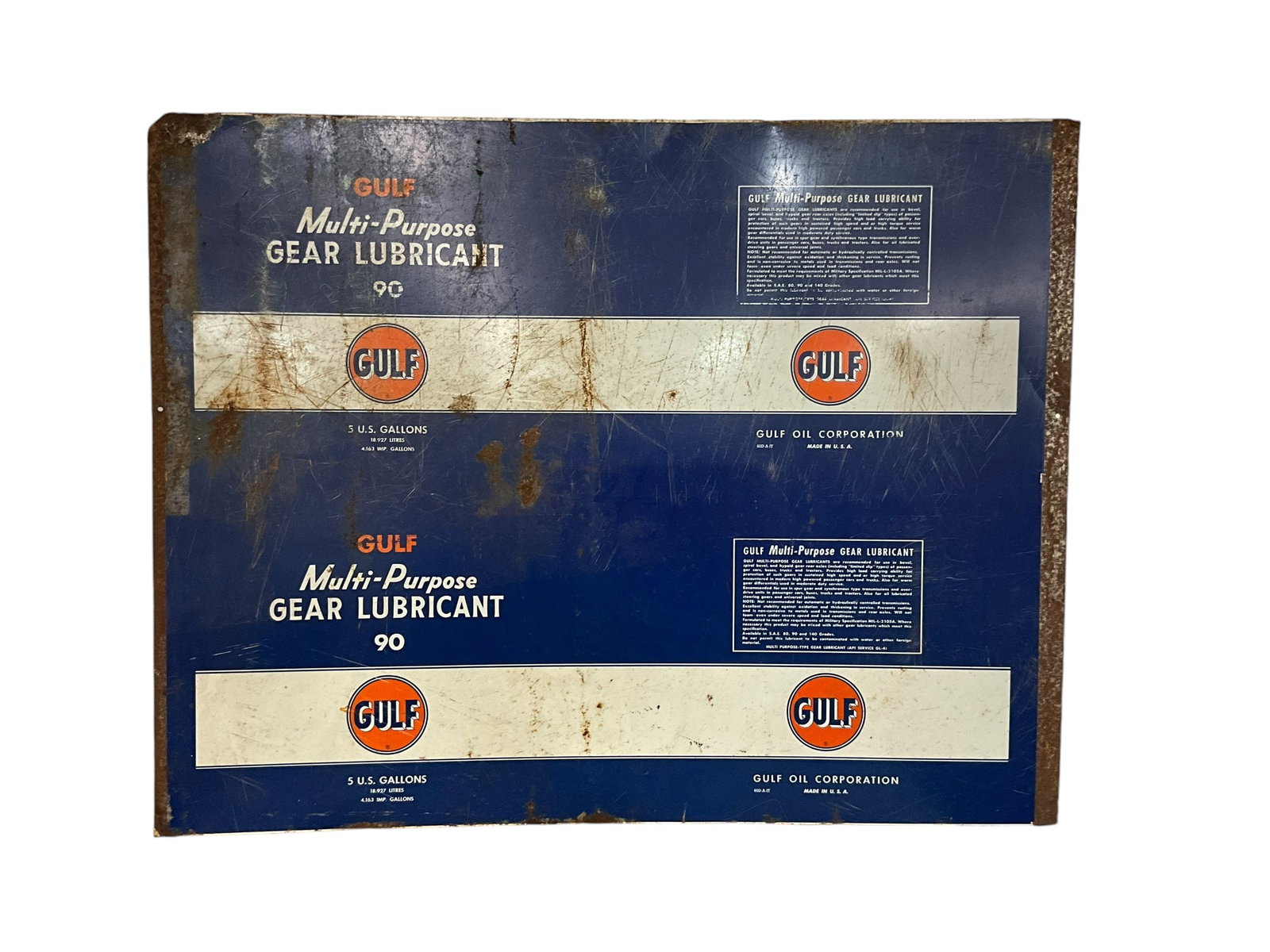 Gulf 5 Gallon Bucket Metal Sign: Rust and scratches. See photos. 36 x 28 inches.