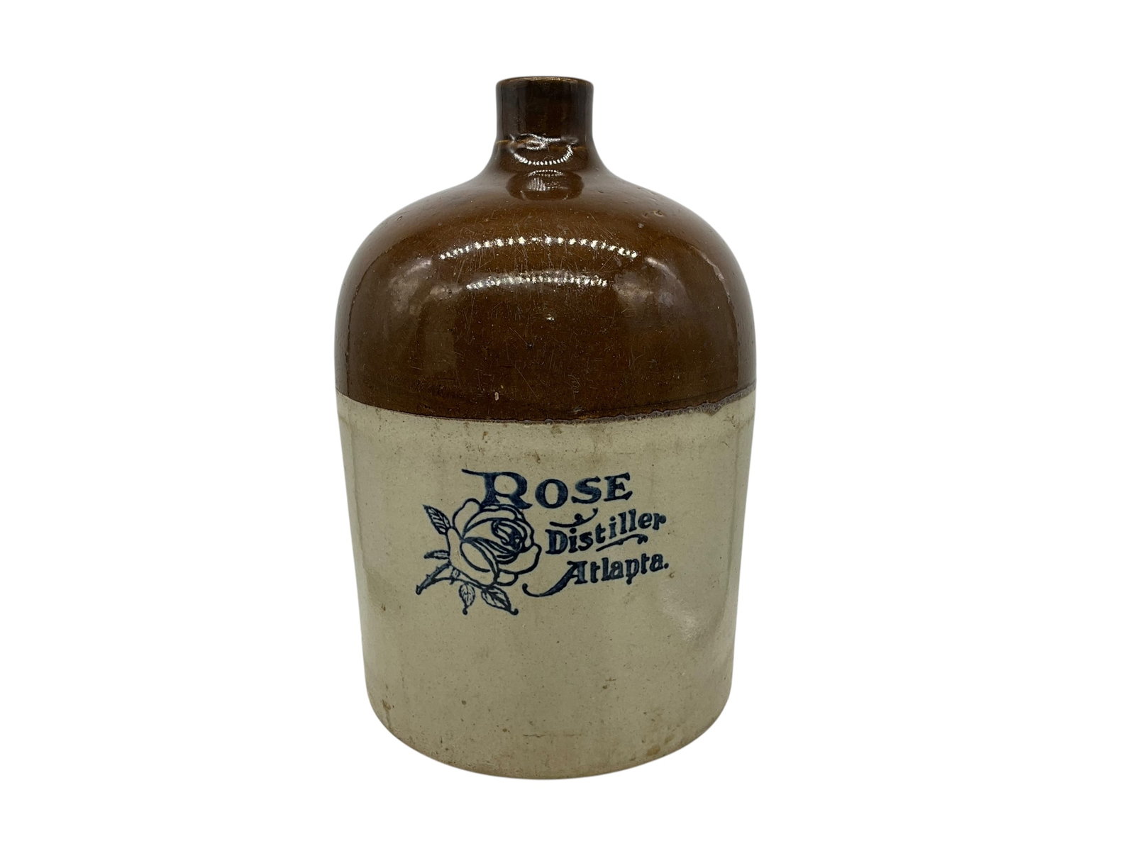 Rose Distiller Atlanta Advertising Jug: Good condition. Professional repair to spout. Stands 13 inches tall by 8.25 inches wide.