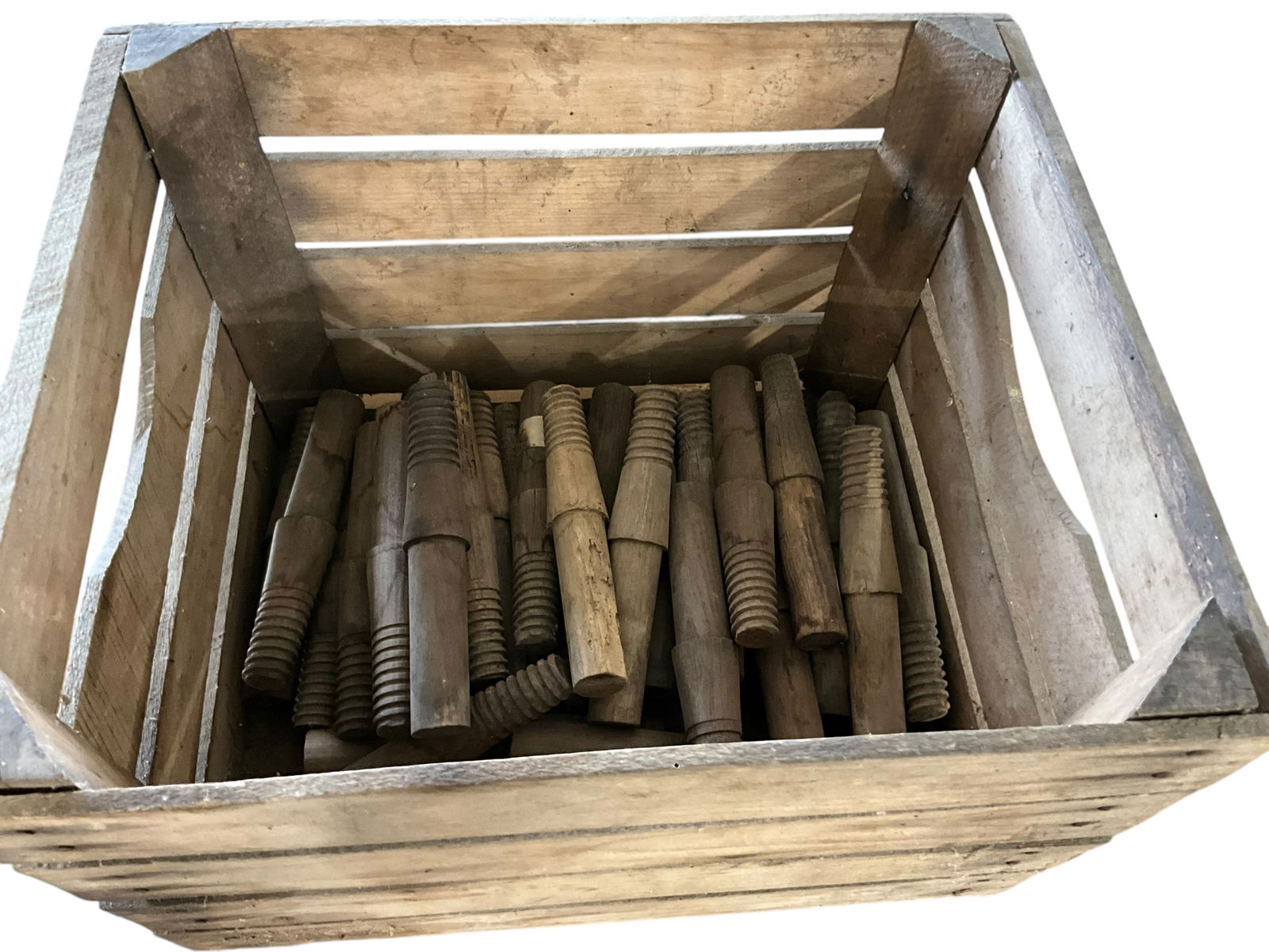 Wooden Crate + 38 Wood Threaded Glass Insulator Holders (1 of 3)