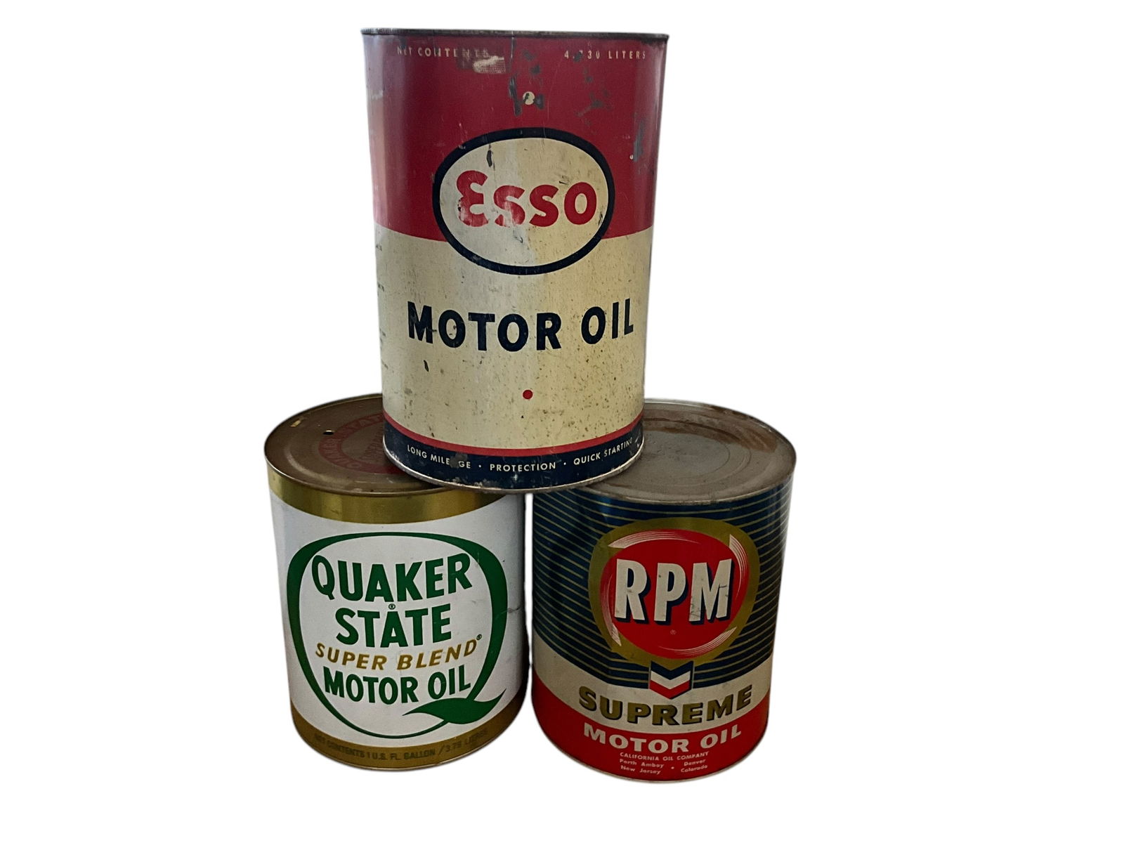 Lot Of 3 Large Vintage Oil Cans Empty RPM + ESSO + Quaker State (1 of 2)