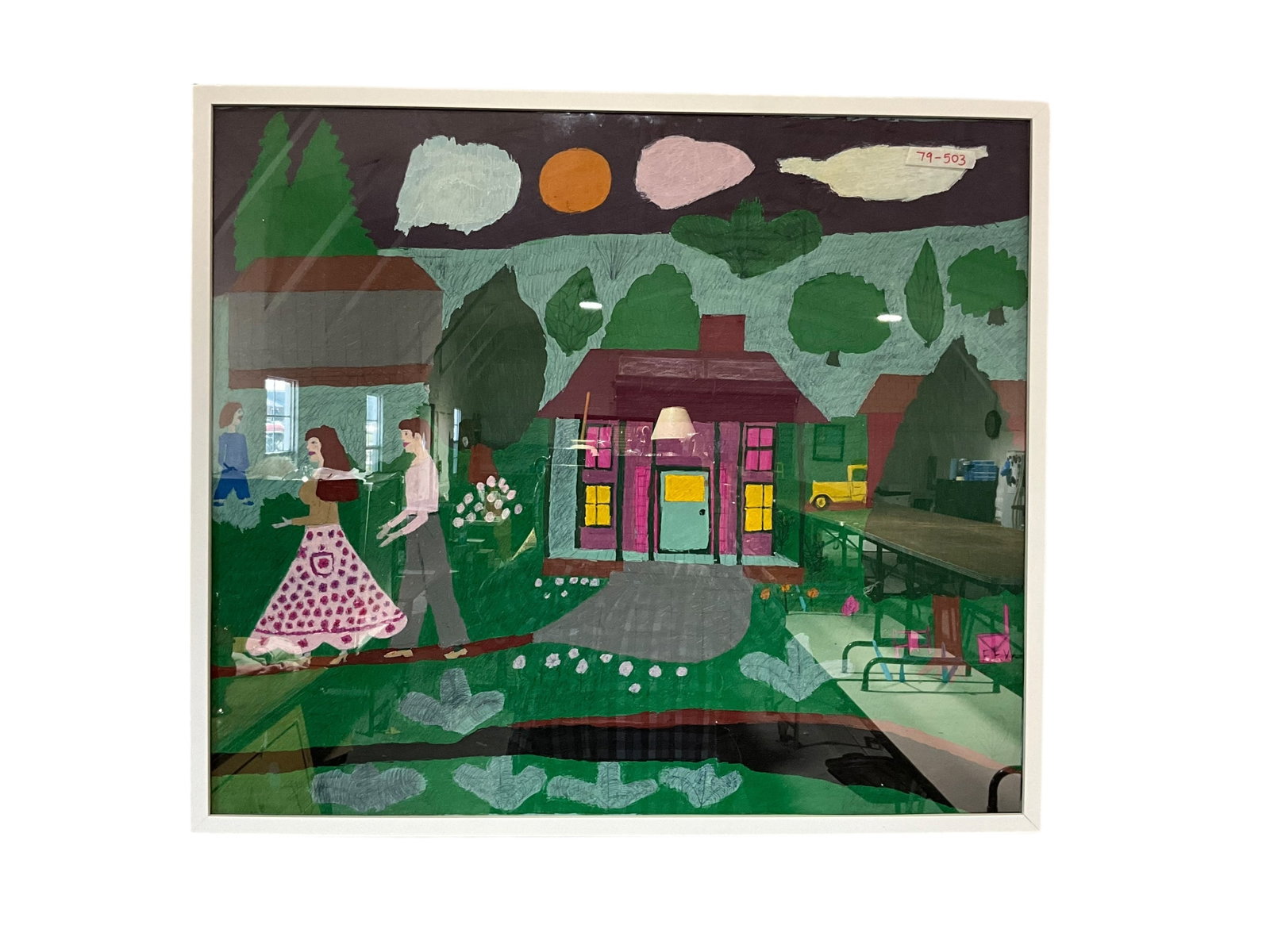 Floretta Emma Warfel Outsider Folk Art: Initialed. Embroidery pen on paper. Framed and in excellent condition. Measures 38" x 33".