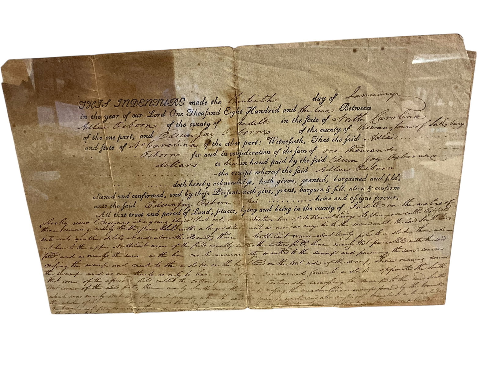 Antique Ephemera ~ 1813 North Carolina Indenture: Authentic North Carolina Land Indenture. Dated January 30, 1813. Good condition considering age.