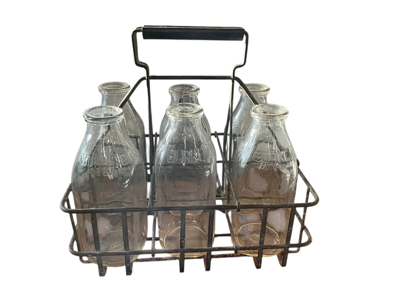 Lot Of 6 BURKE DAIRY Bottles + Metal Holder: Used condition. 1 quart bottles. See photos