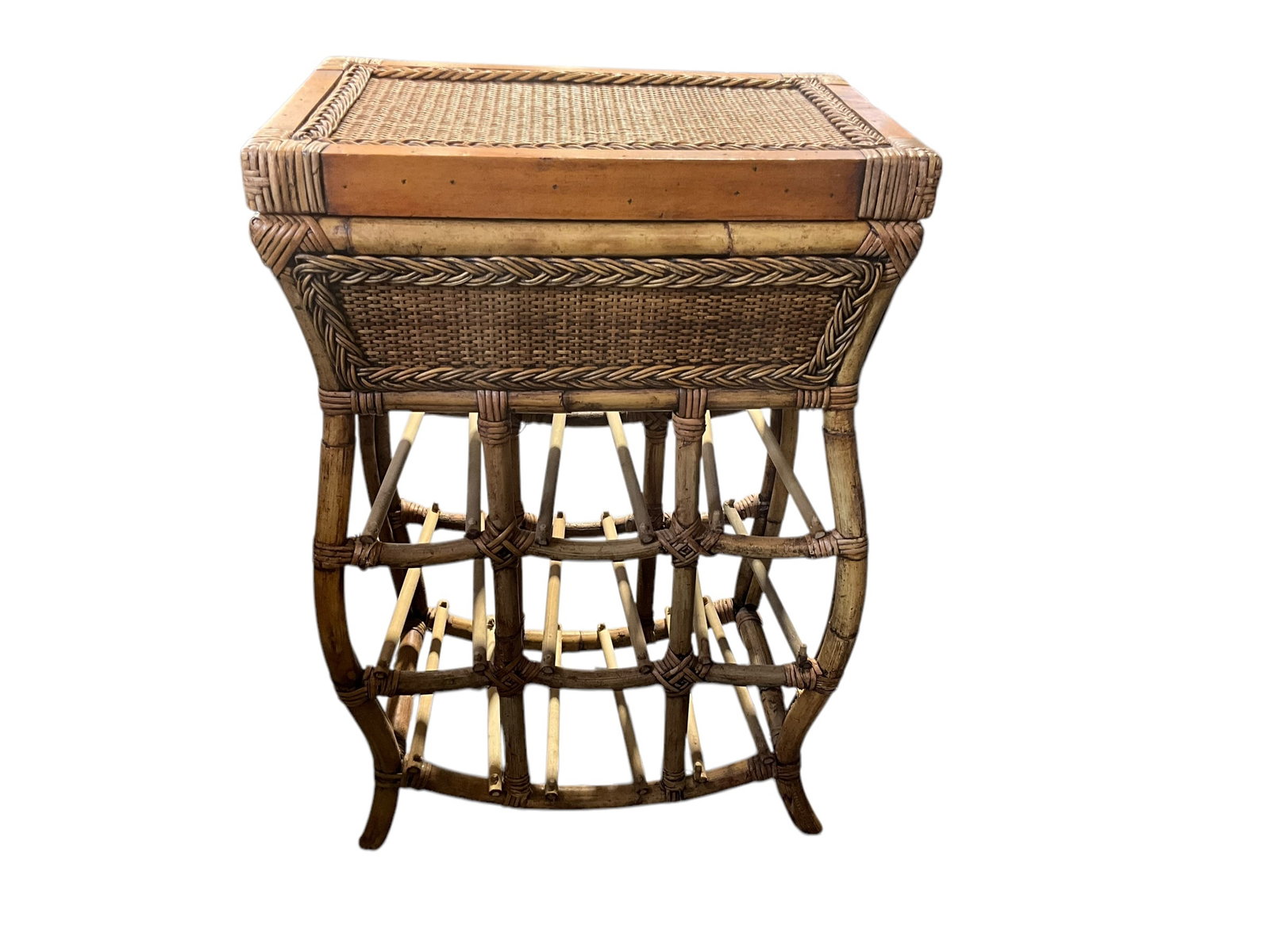 Vintage Bamboo Rattan Accent Table / Wine Bottle Holder + Serving Tray: Vert good condition. 18 inches wide x 12 inches deep x 26 inches tall. See photos.