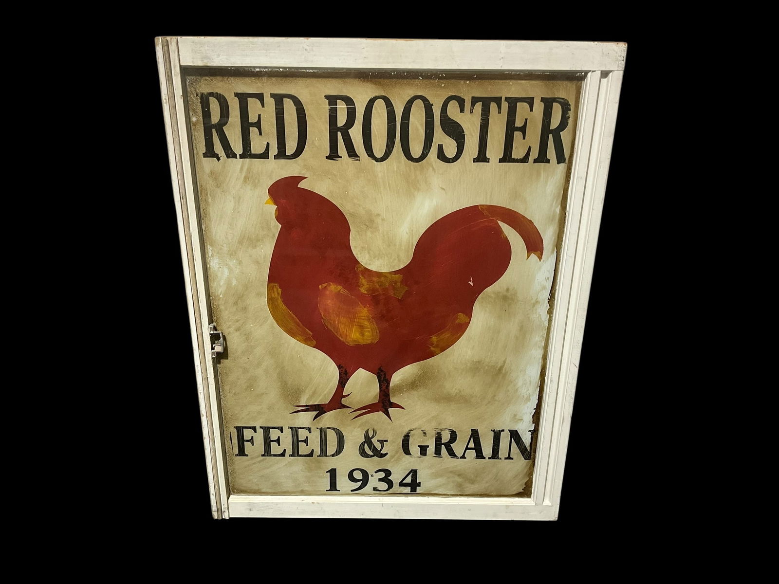 Awesome Reverse Painted Window / Red Rooster Feed & Grain 1934 (1 of 2)