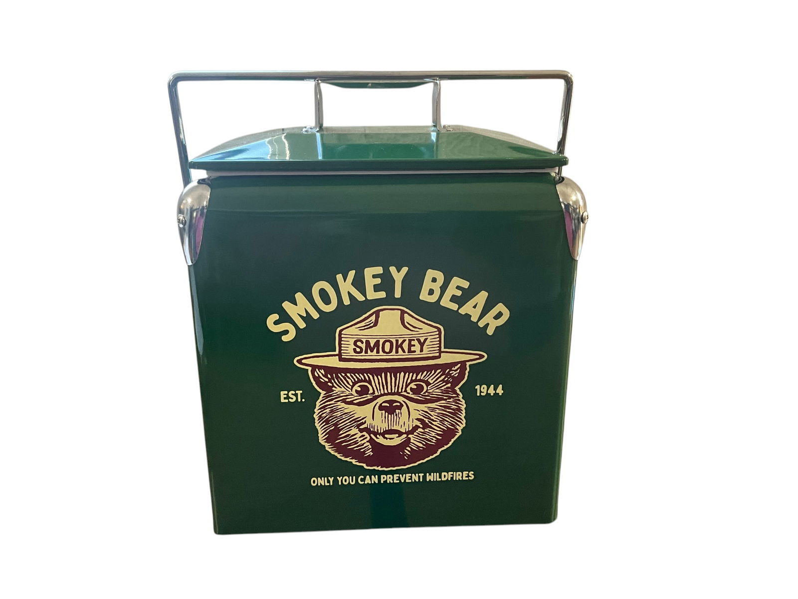 NEW Metal Smokey The Bear Cooler With Opener & Handle: New. 14.50 inches tall x 13 inches wide x 9.50 inches deep. See photos.