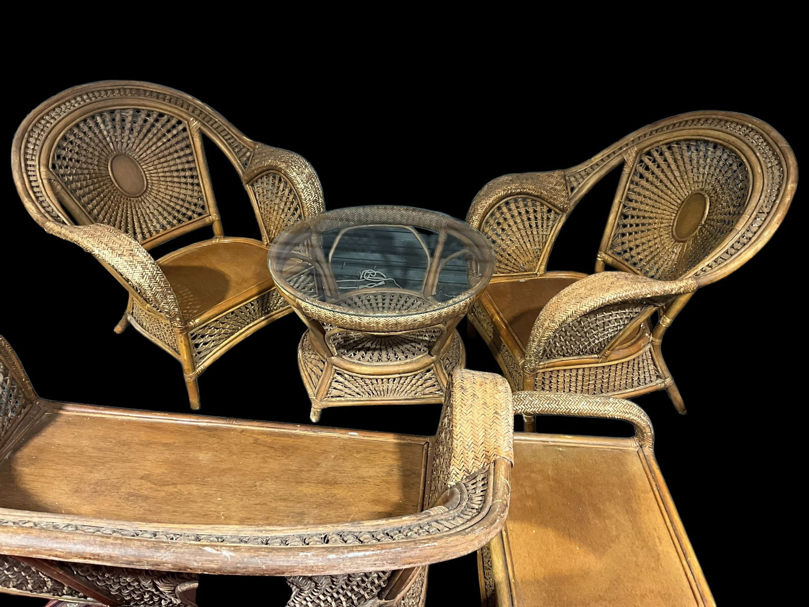 Vintage Pier 1 Rattan Five Piece Set / Bench / Chairs / Glass Top Table ++ (1 of 11)