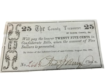 Authentic 1862 25 Cents Confederate States Paper Money Coweta County GA
