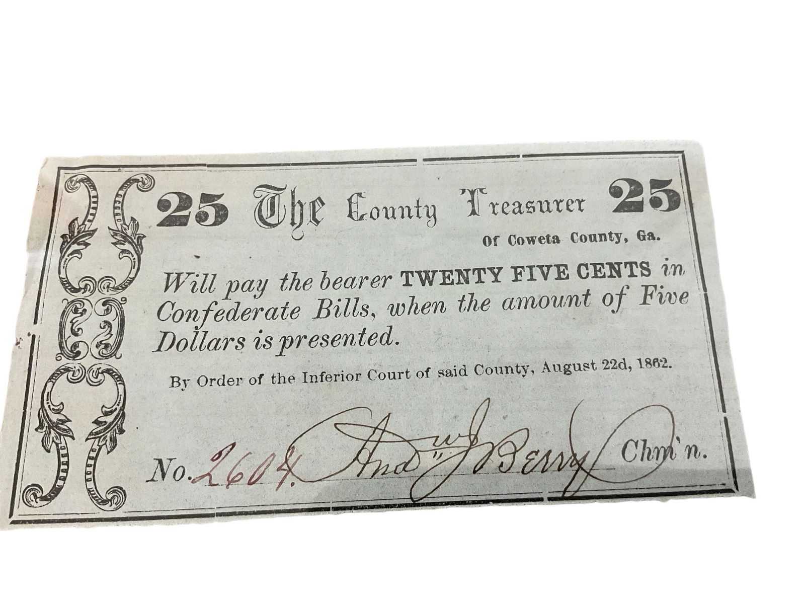 Authentic 1862 25 Cents Confederate States Paper Money Coweta County GA (1 of 1)