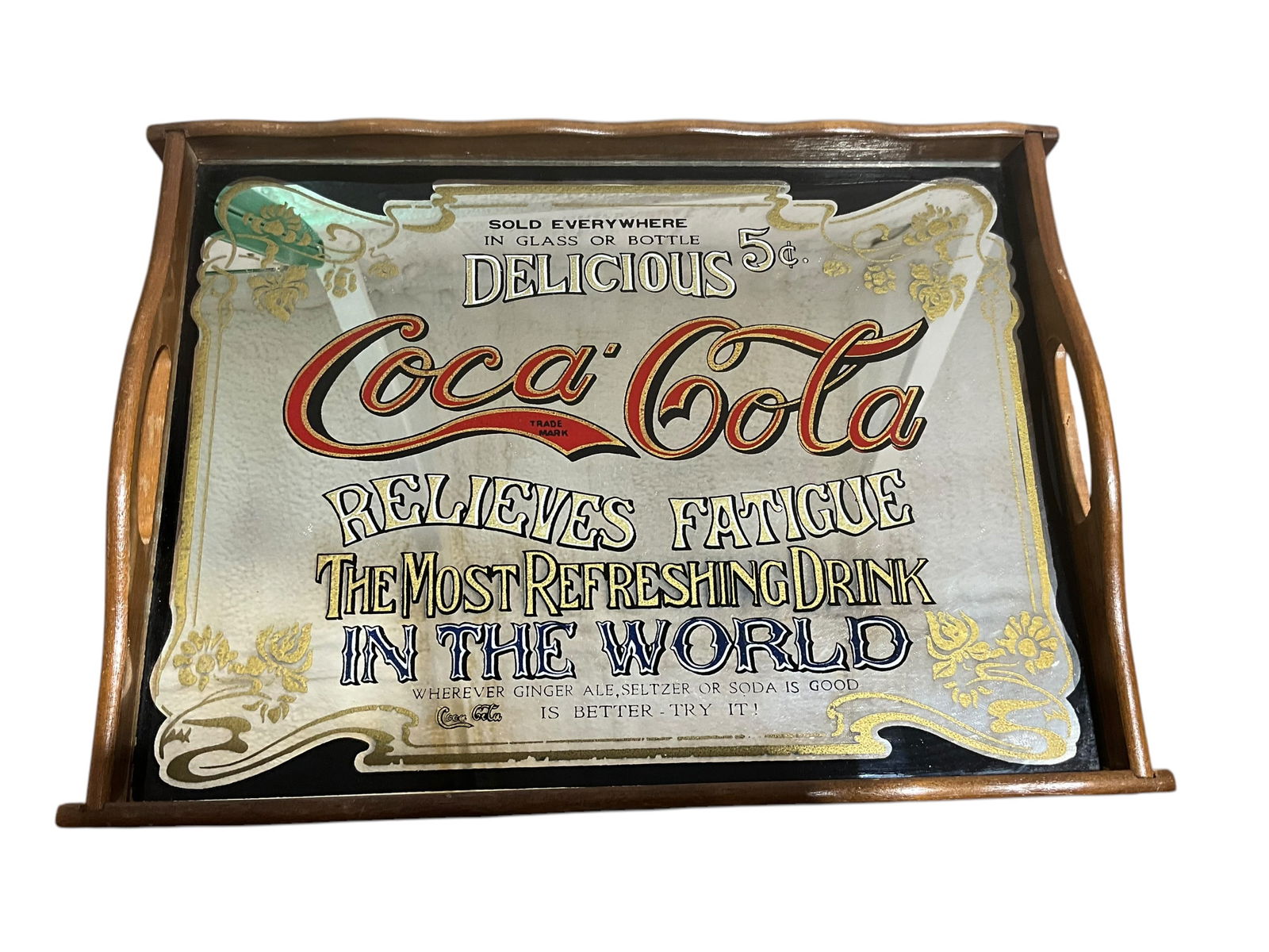 1970's Coca Cola Wooden Mirrored Tray (1 of 2)