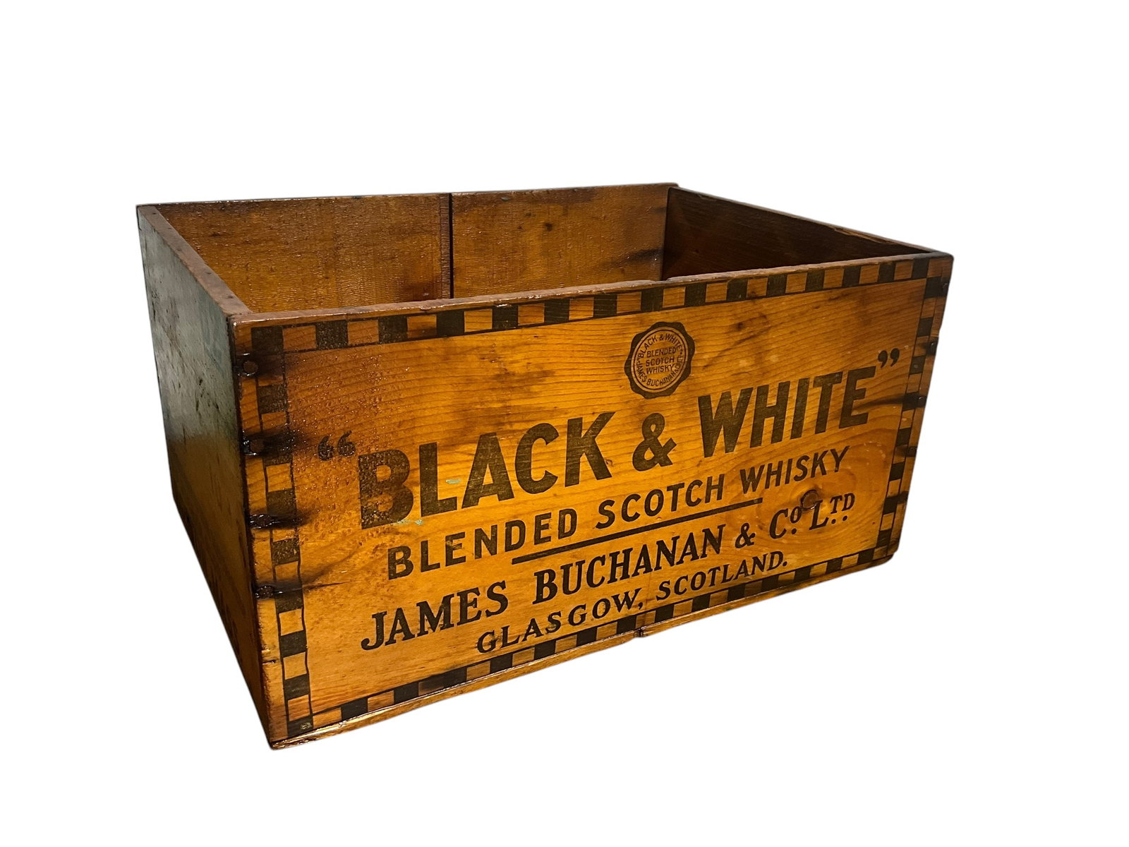 James Buchanan Scotch Whisky Advertising Crate: Great wooden advertising coat in excellent condition. Measures 8.75" x 17" x 11.75".